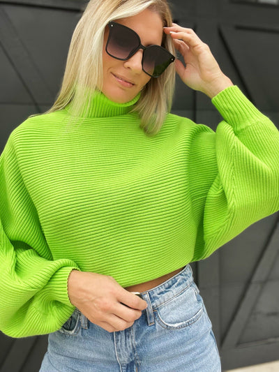 Cropped Balloon Sleeve Sweater-Lime - Infinity Raine