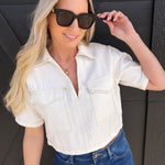 HYFVE Tops - Denim Denim V-Neck Cropped Top In White