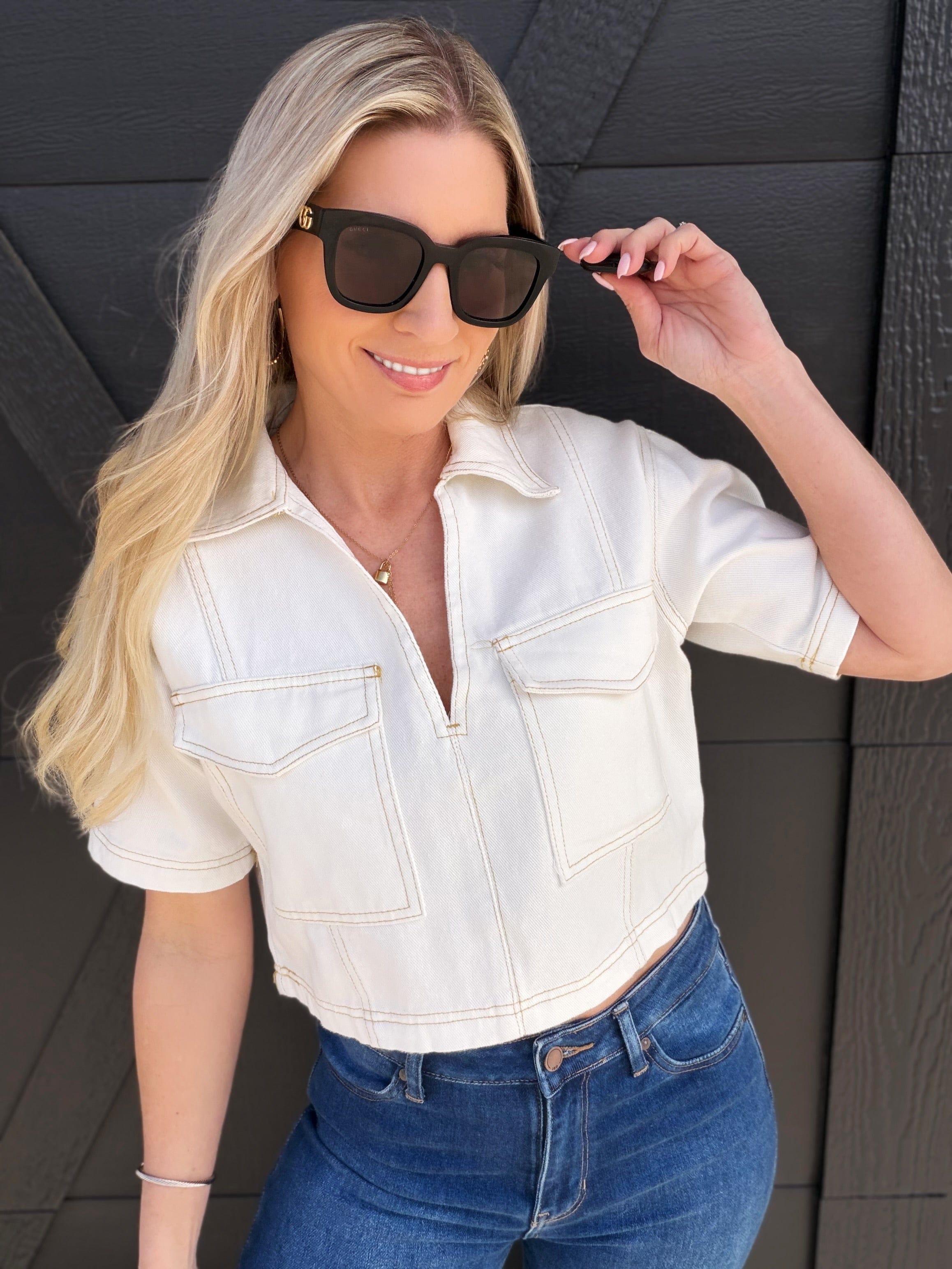 HYFVE Tops - Denim Denim V-Neck Cropped Top In White