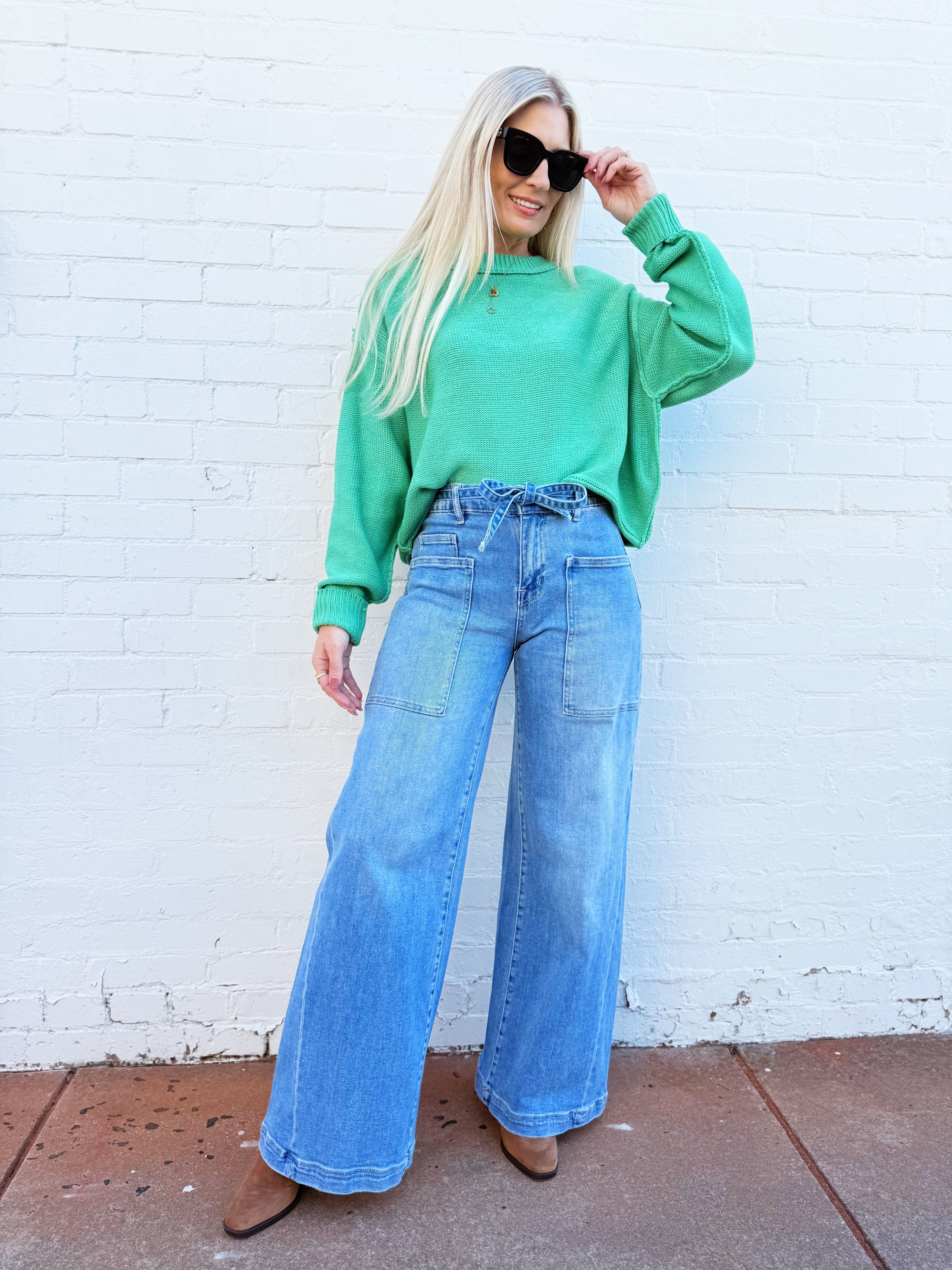 HYFVE Tops - Sweaters Boxy Cropped Long Sleeve Sweater In Emerald
