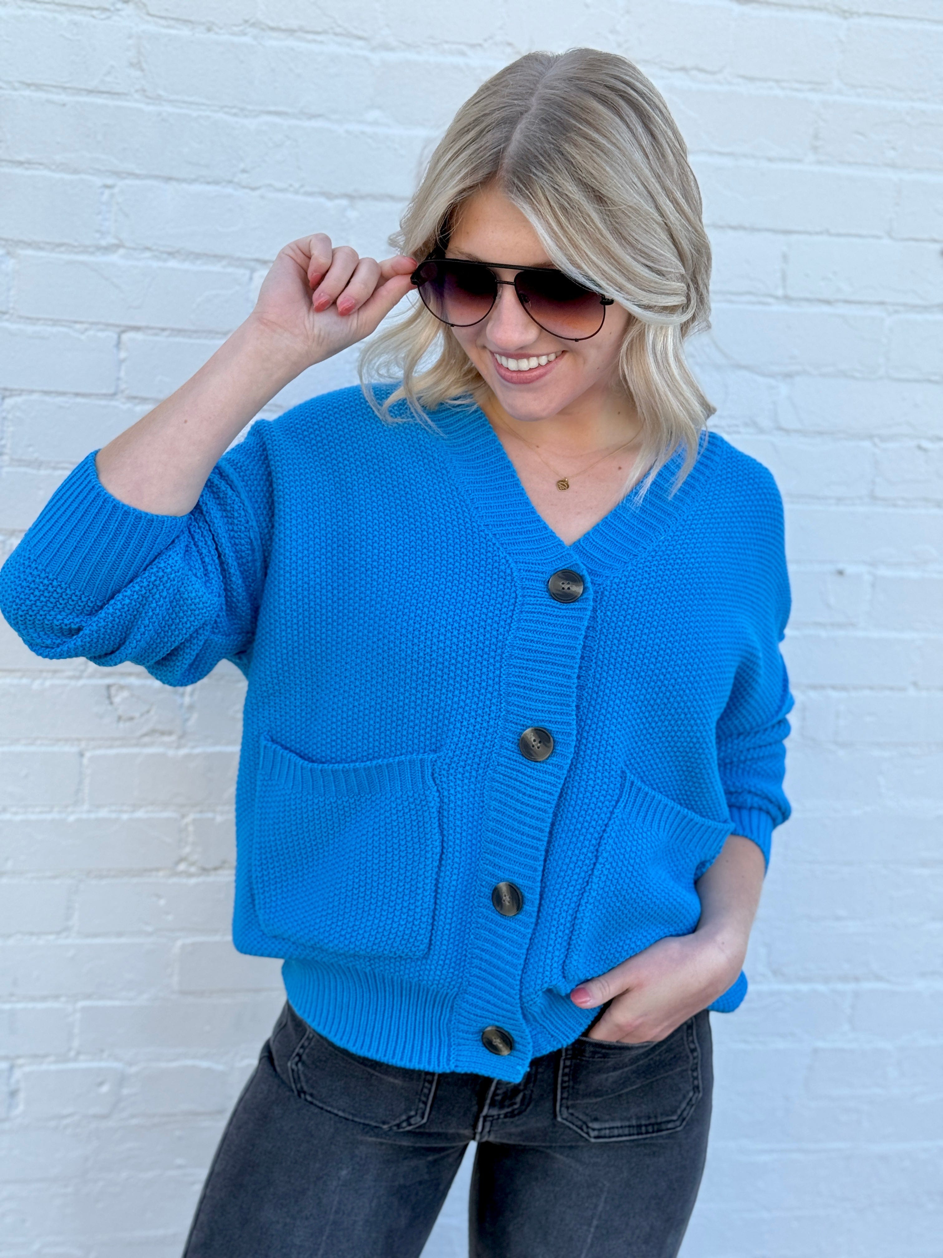 HYFVE Tops - Sweaters Button Front Oversized Cardigan In Ocean Blue