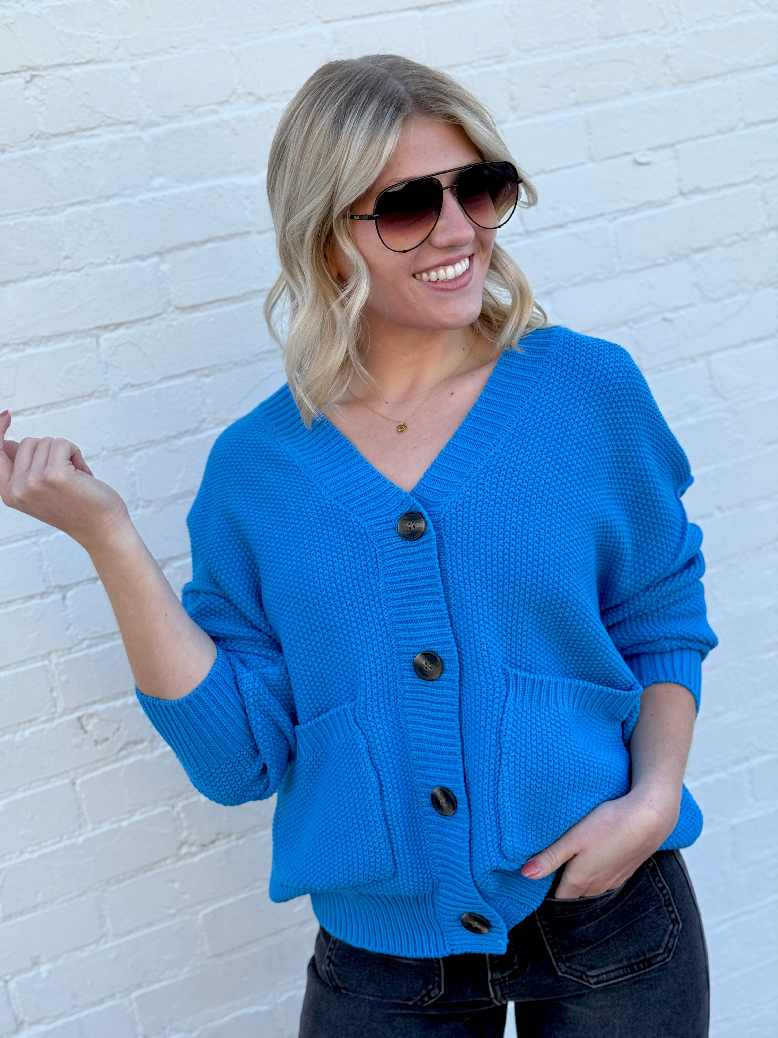 HYFVE Tops - Sweaters Button Front Oversized Cardigan In Ocean Blue