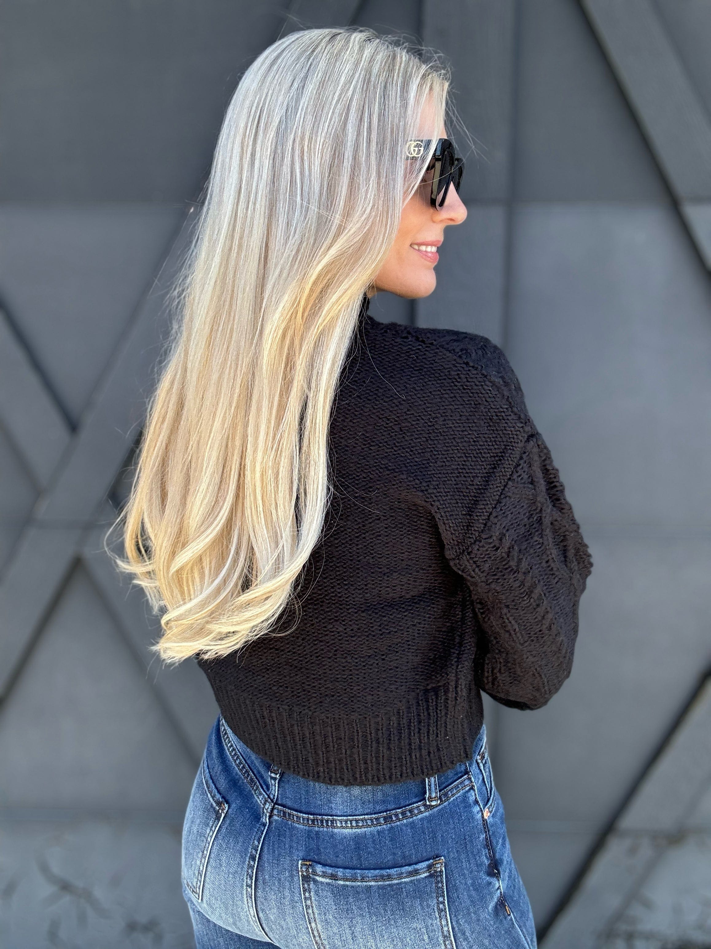 High Neck Cable Knit Sweater In Black - Infinity Raine