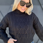 High Neck Cable Knit Sweater In Black - Infinity Raine