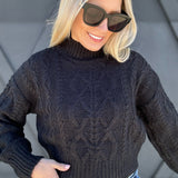 High Neck Cable Knit Sweater In Black - Infinity Raine