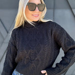 High Neck Cable Knit Sweater In Black - Infinity Raine