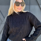 High Neck Cable Knit Sweater In Black - Infinity Raine