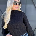 High Neck Cable Knit Sweater In Black - Infinity Raine