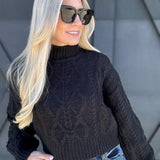 High Neck Cable Knit Sweater In Black - Infinity Raine