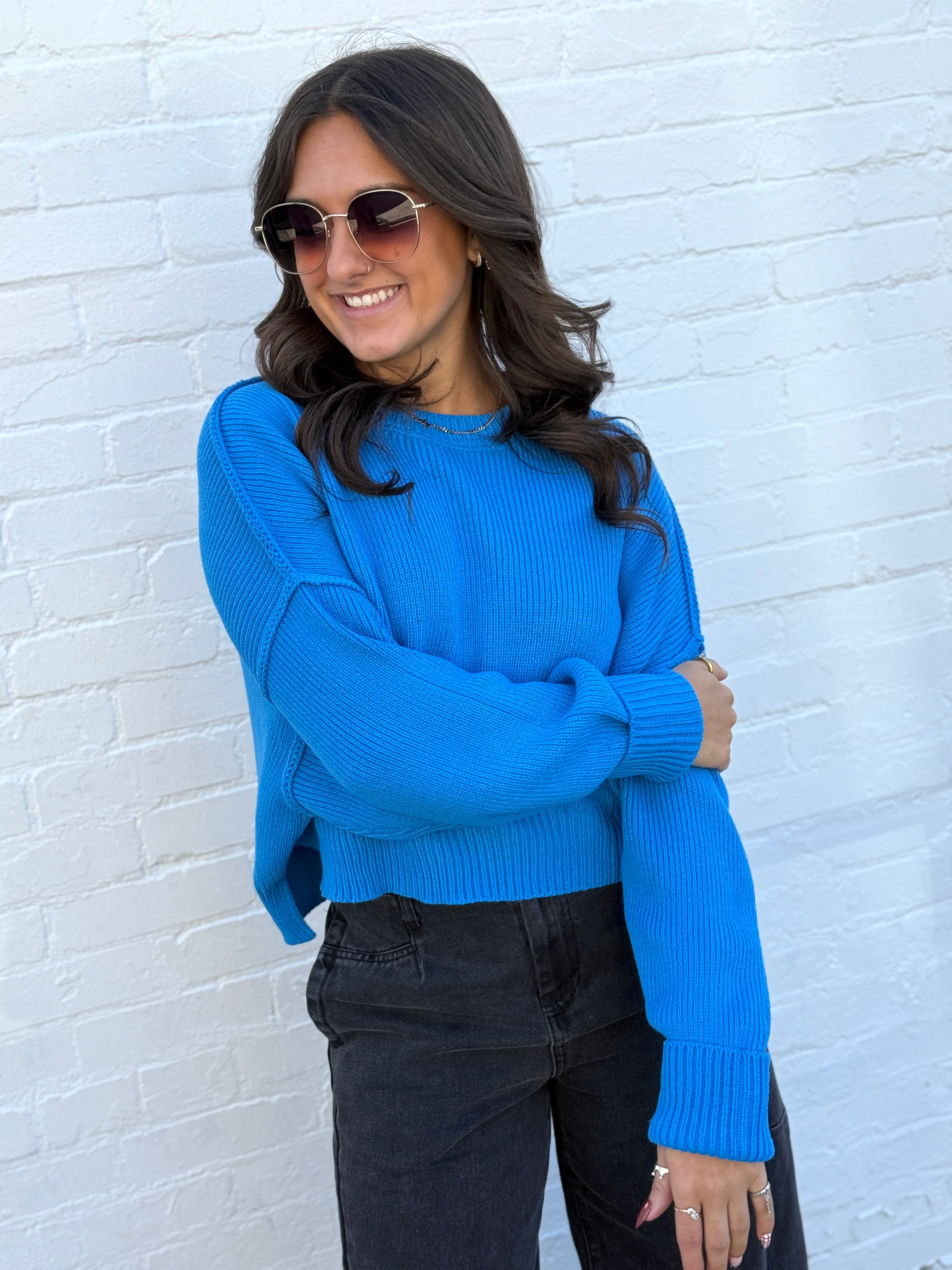 HYFVE Tops - Sweaters Oversized Crop Sweater In Ocean Blue