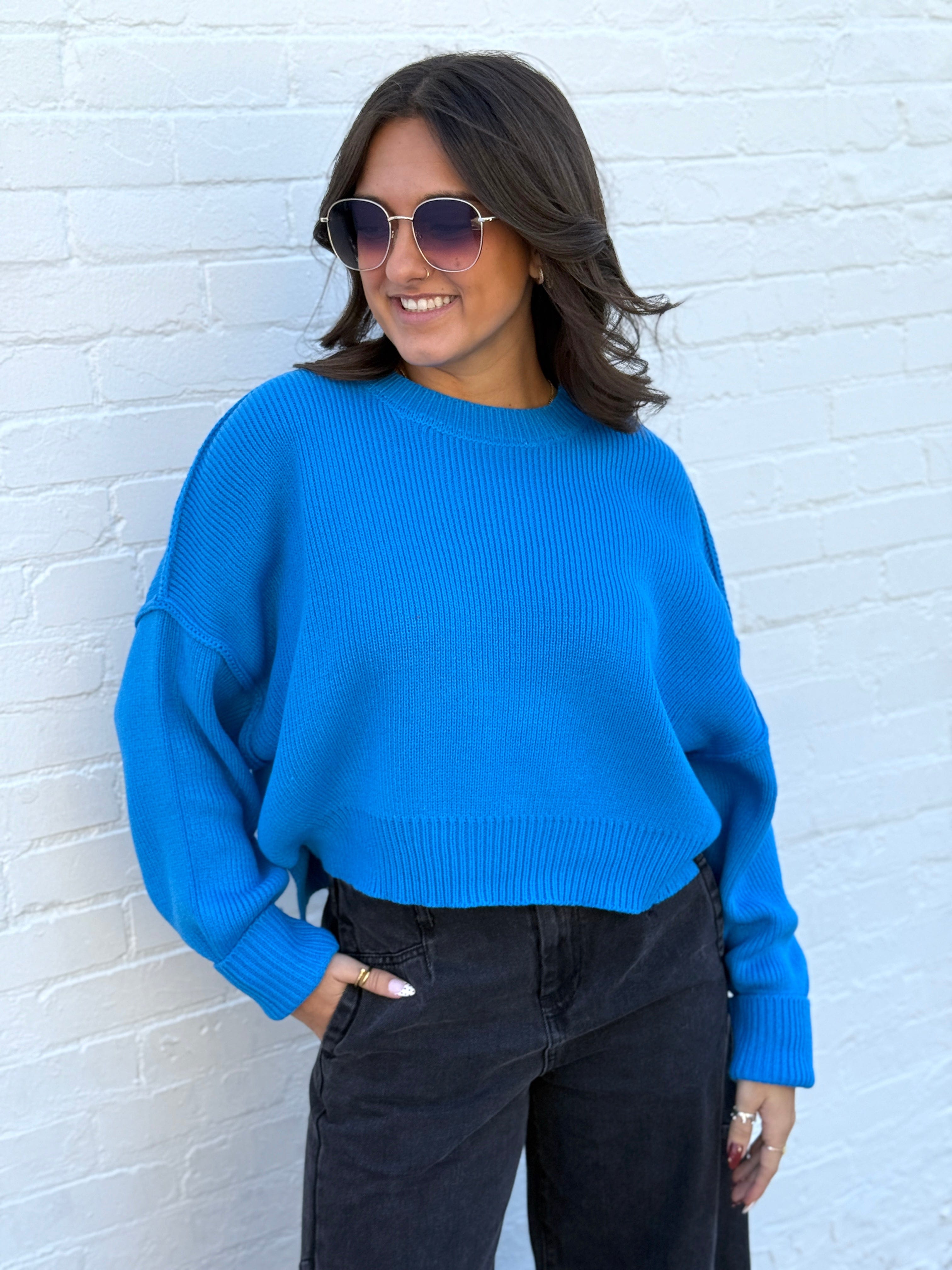 HYFVE Tops - Sweaters Oversized Crop Sweater In Ocean Blue