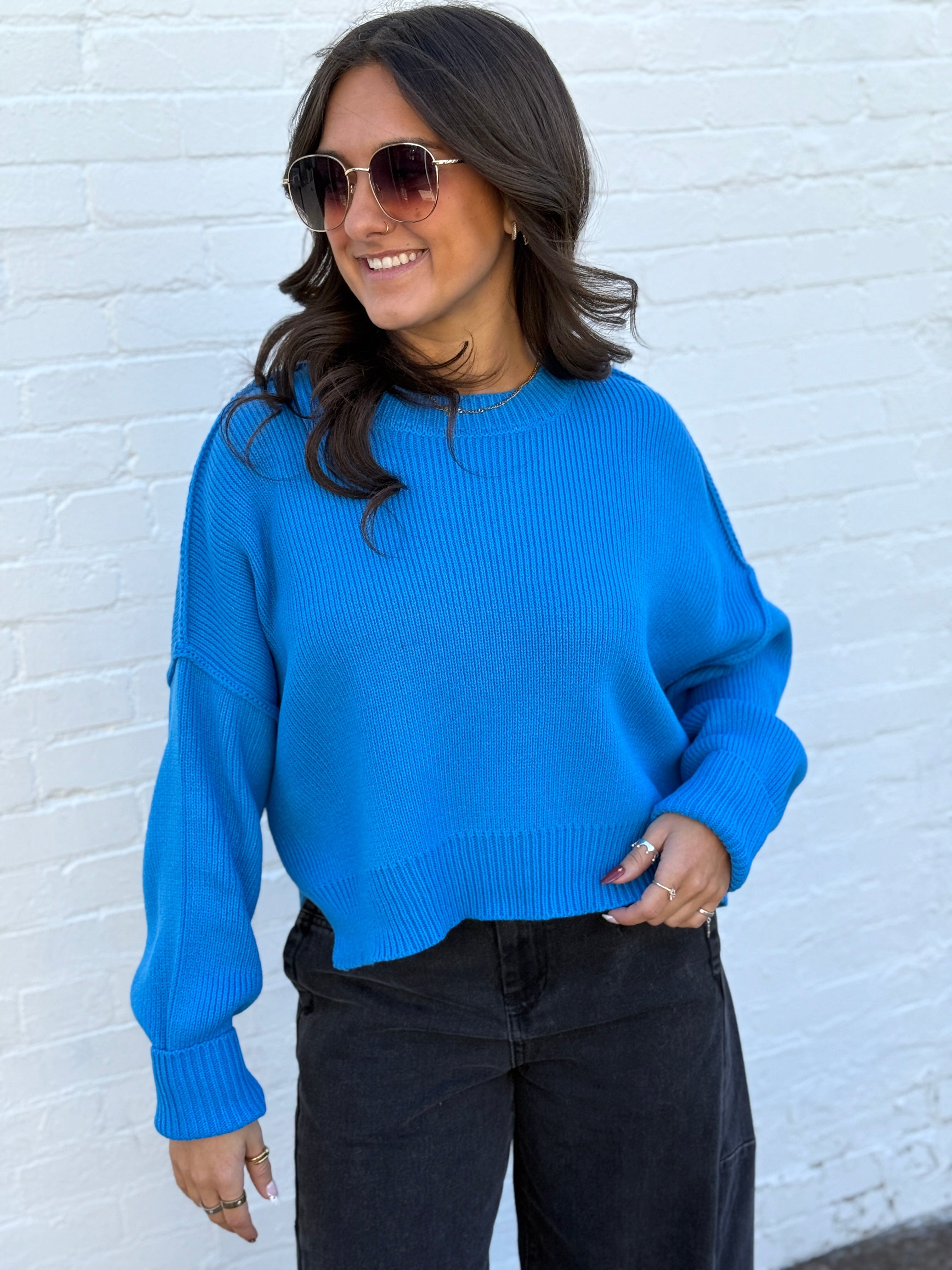 HYFVE Tops - Sweaters Oversized Crop Sweater In Ocean Blue