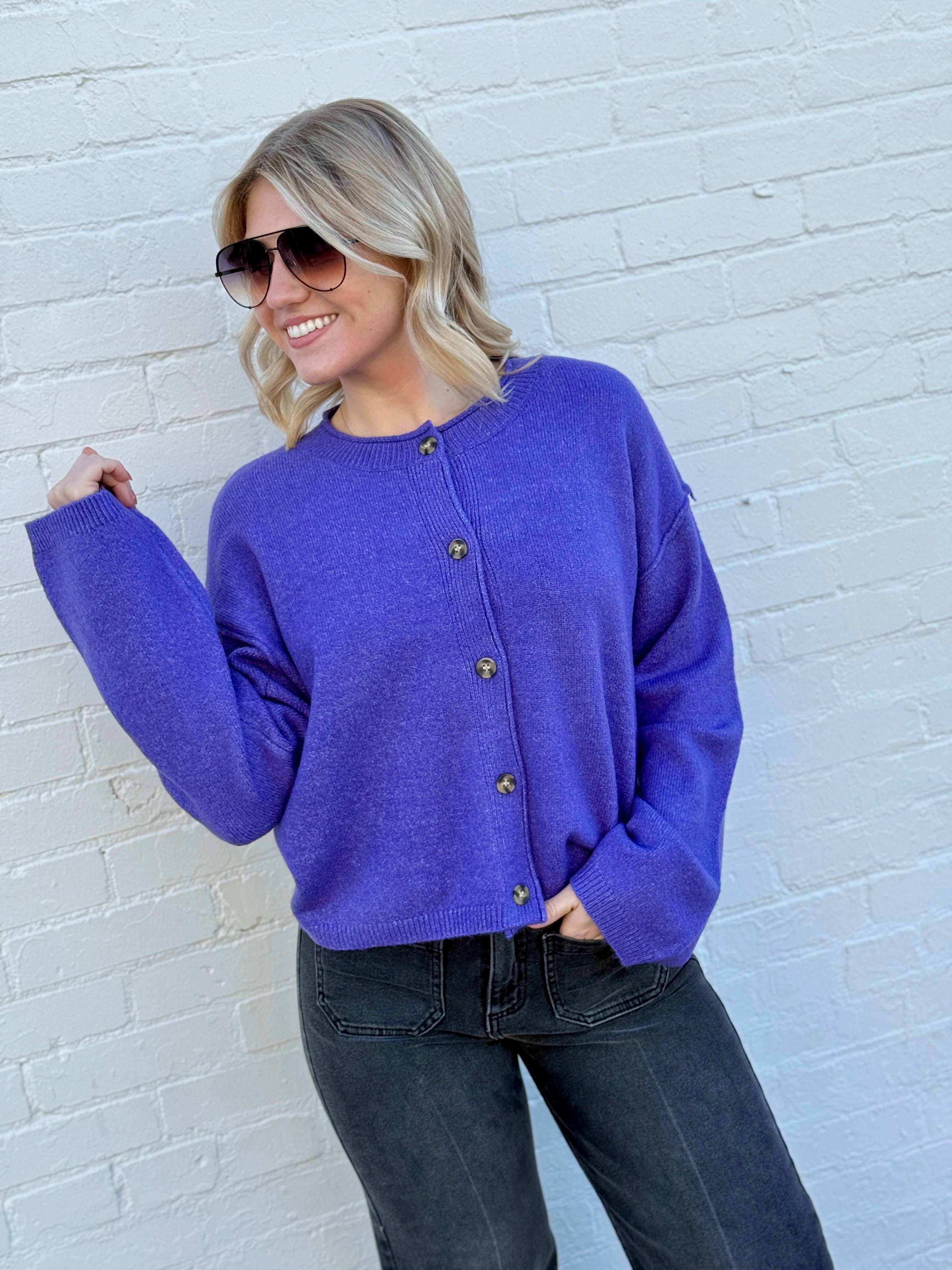 Relaxed Roll Neck Cardigan In Iris Purple - Infinity Raine