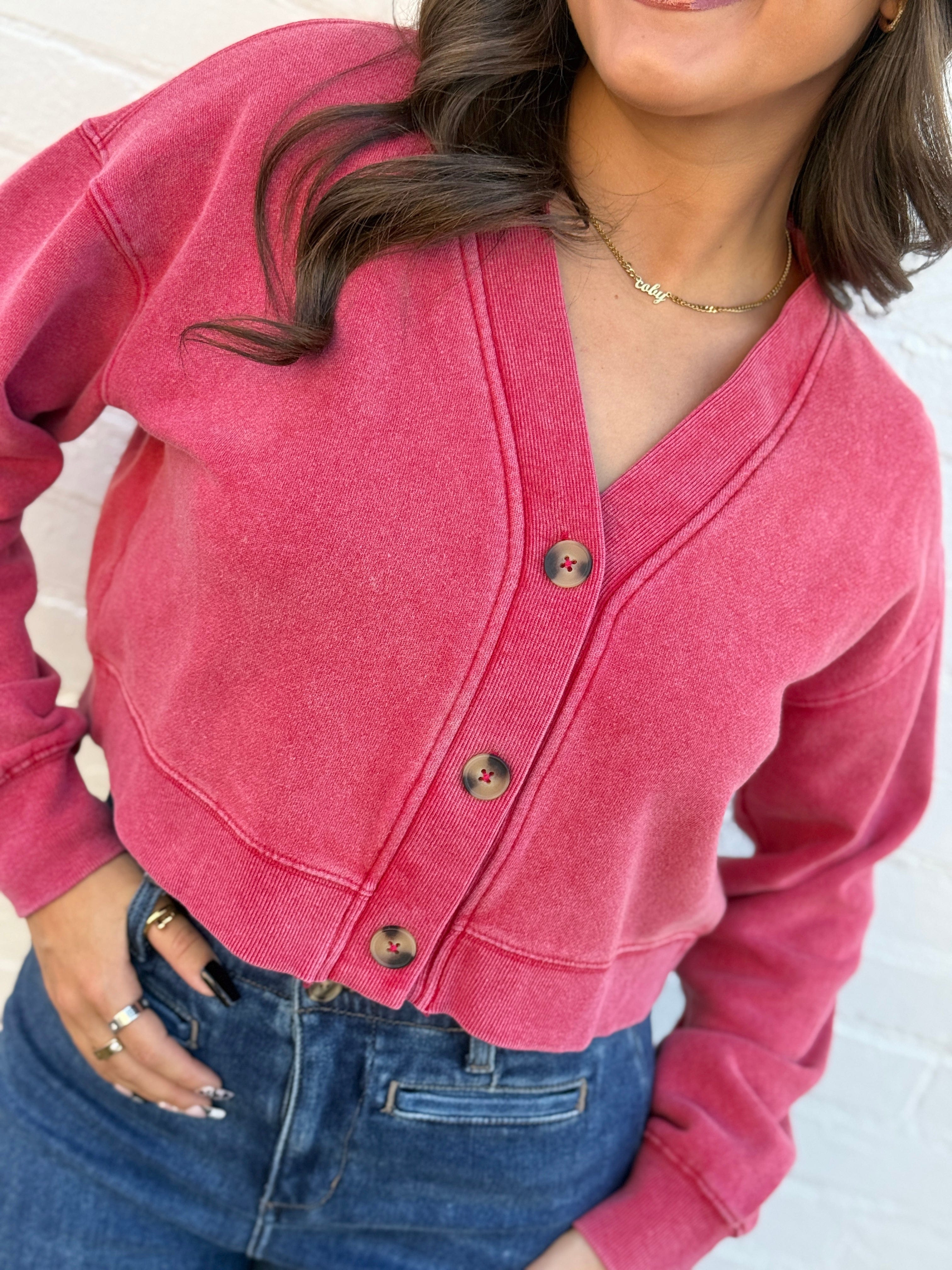 HYFVE Tops - Sweaters Washed Cropped Cardigan In Red