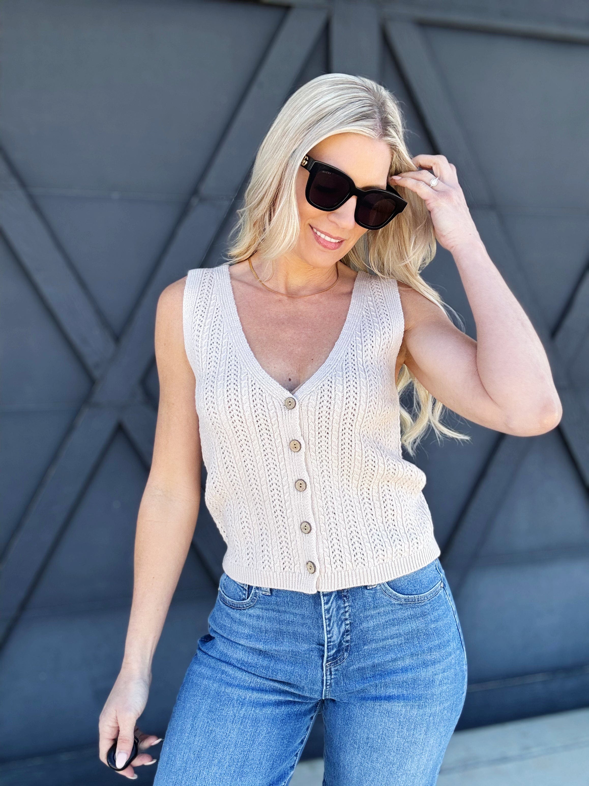 Button Up Sleeveless Knit Top In Sand - Infinity Raine