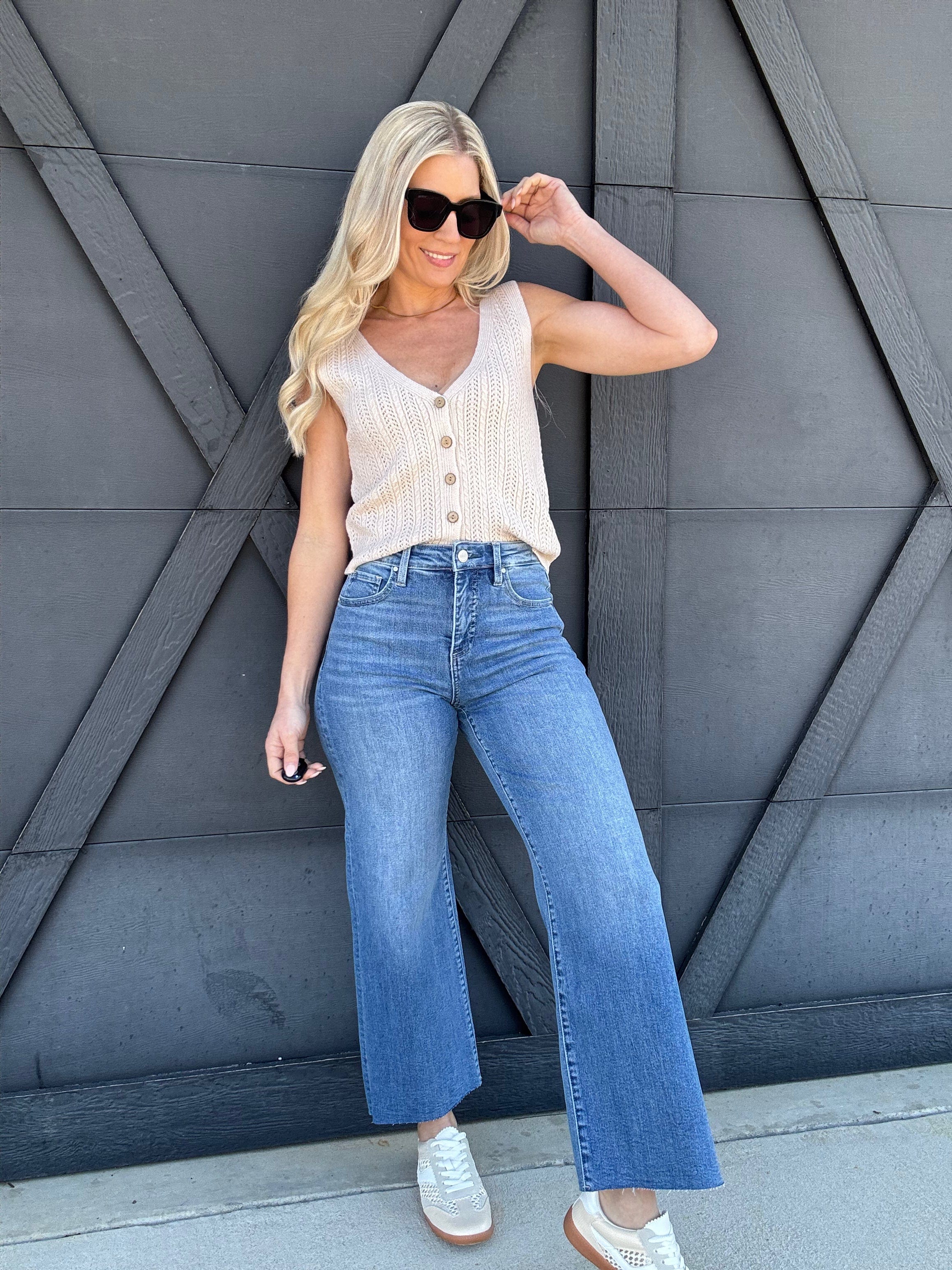 Button Up Sleeveless Knit Top In Sand - Infinity Raine