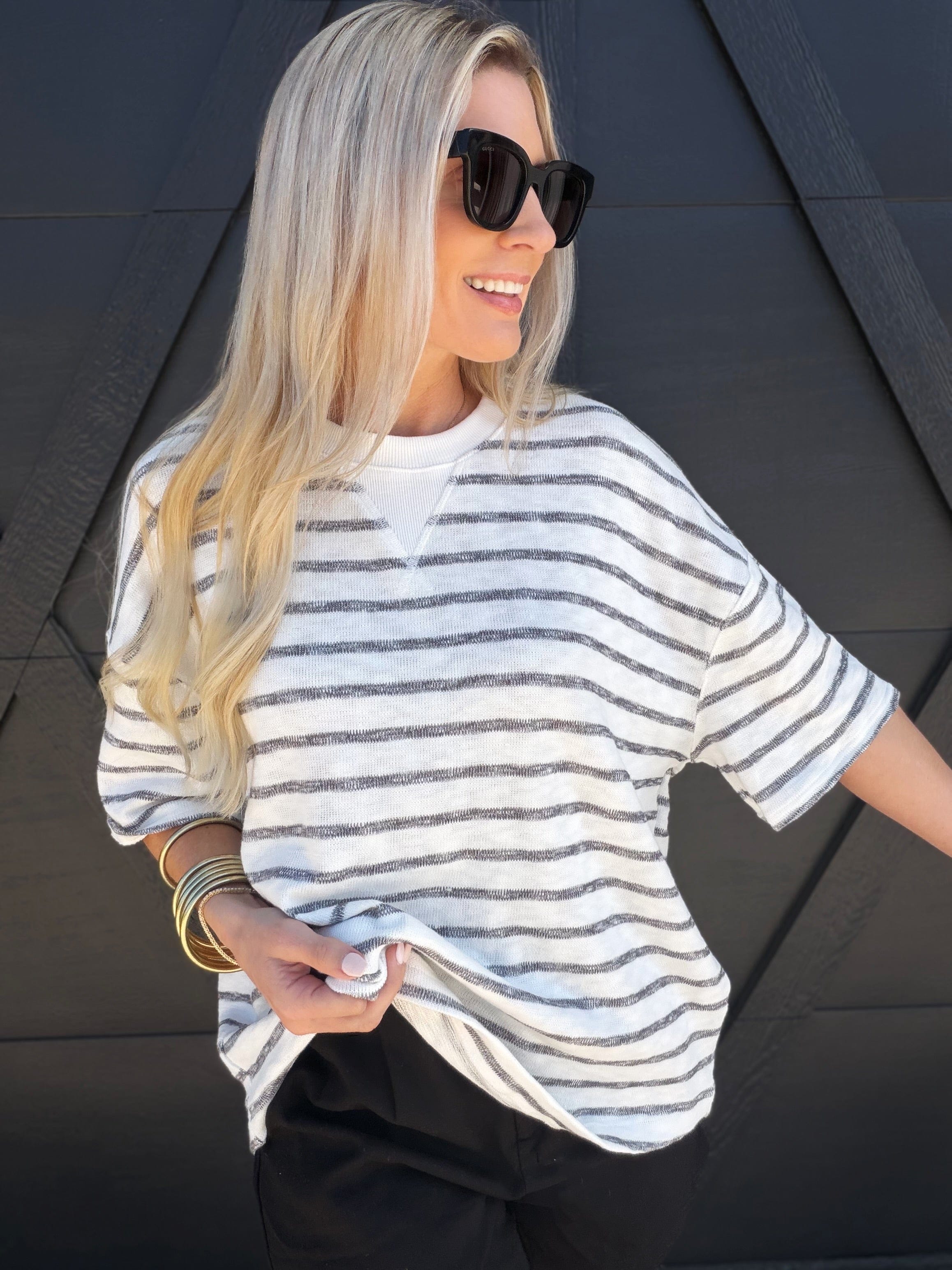 HYFVE Tops - Tees Oversized Striped Short Sleeve Top In Black