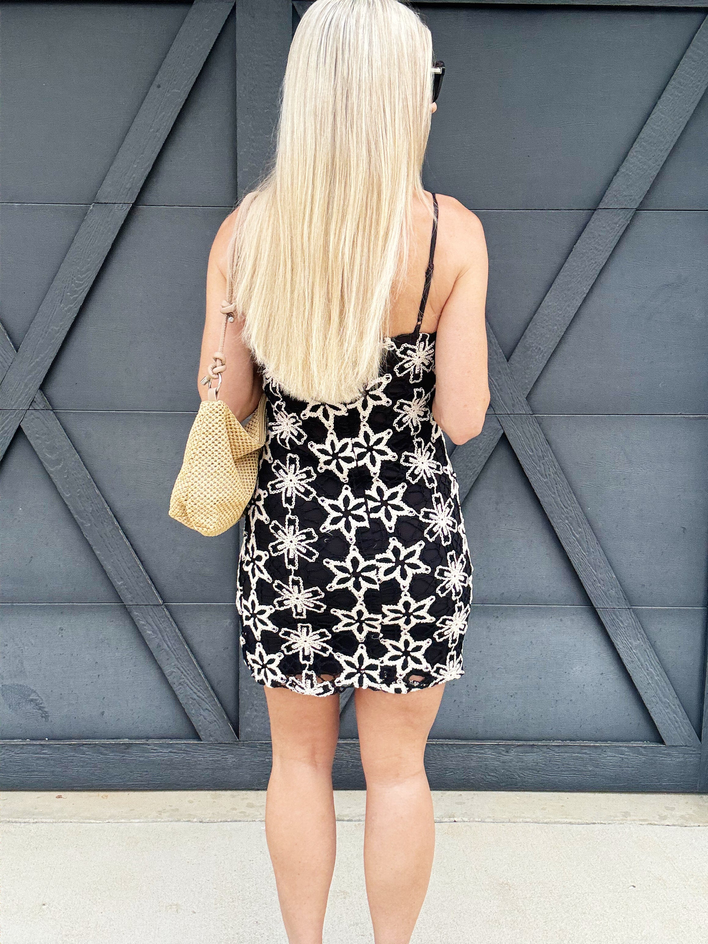 Crochet Floral Mini Dress In Black - Infinity Raine