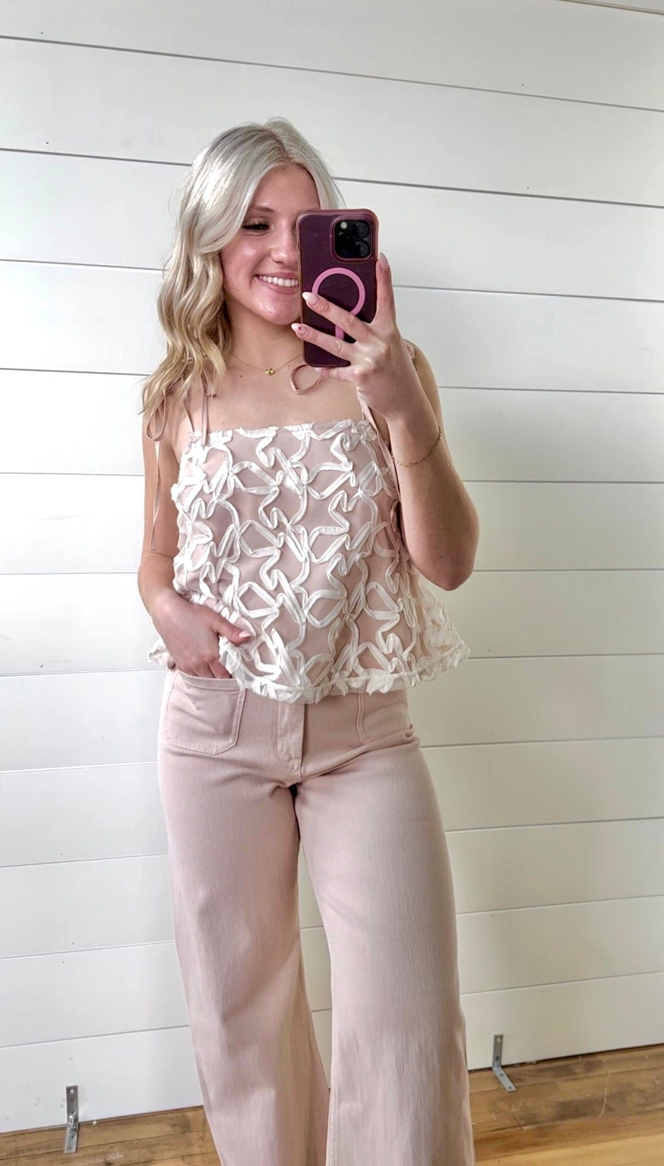 Lace Shoulder Tie Top In Dusty Peach - Infinity Raine