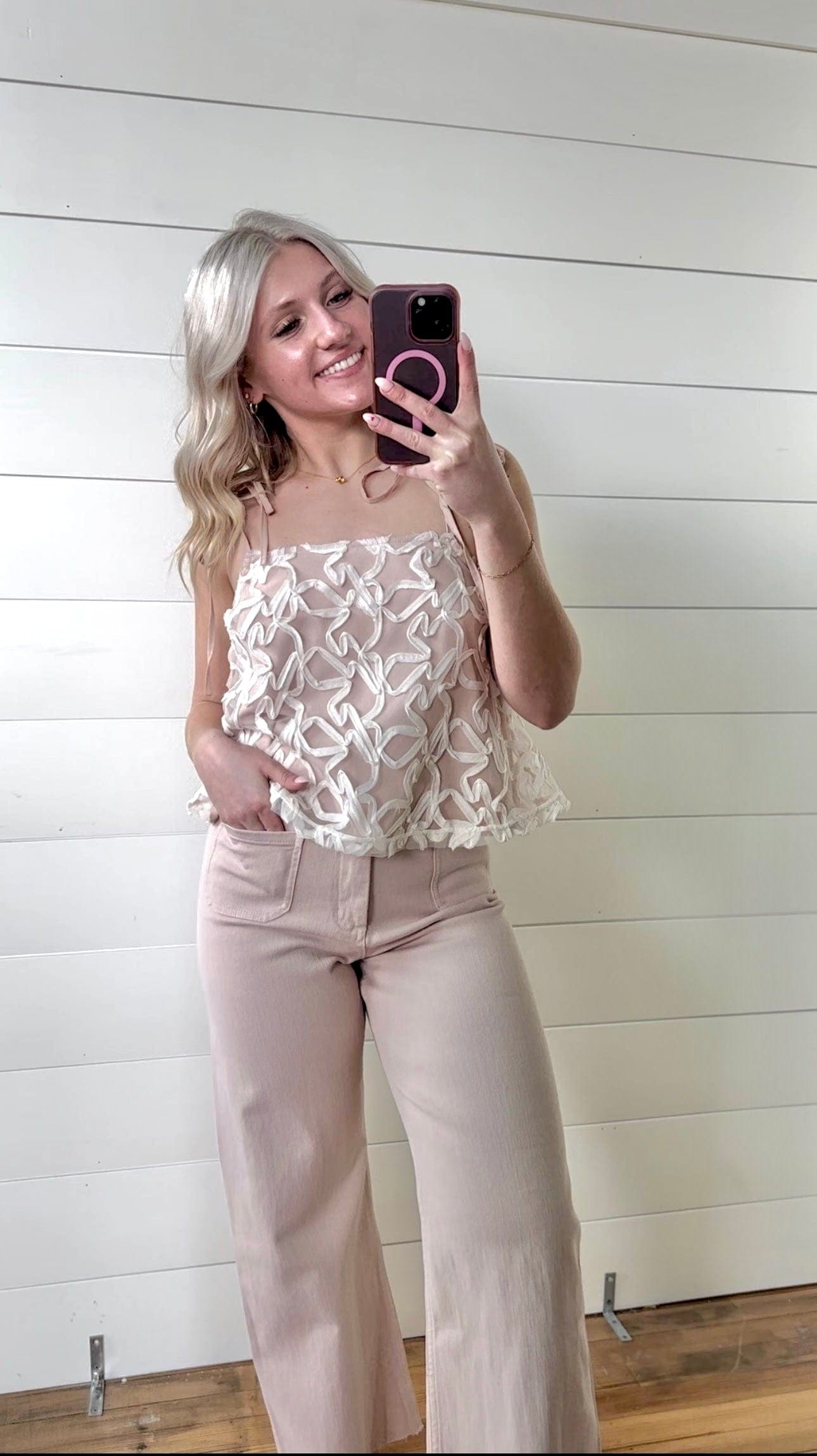 Lace Shoulder Tie Top In Dusty Peach - Infinity Raine
