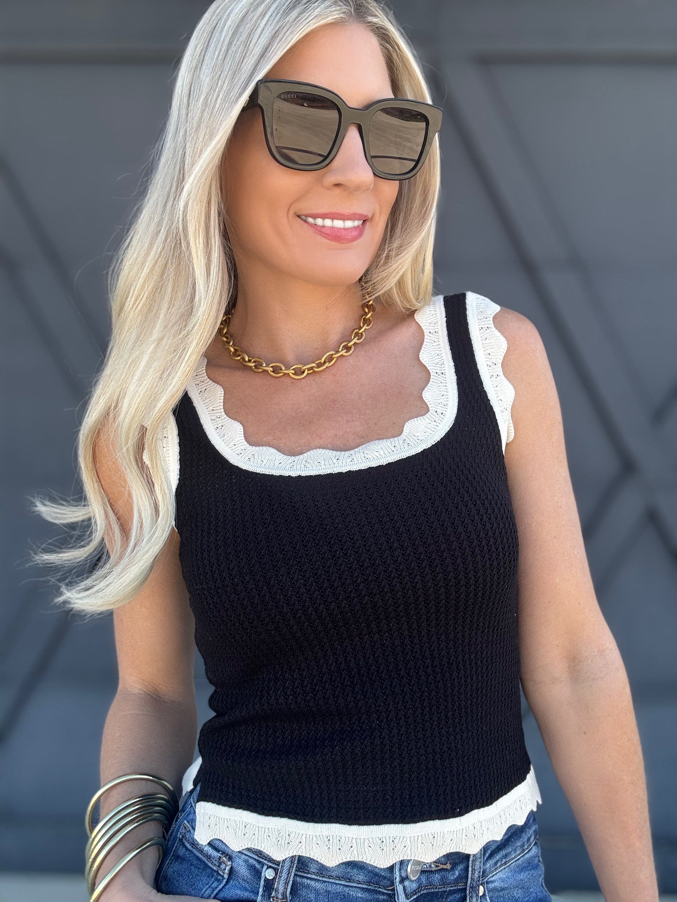 Scalloped Tank Top In Black - Infinity Raine