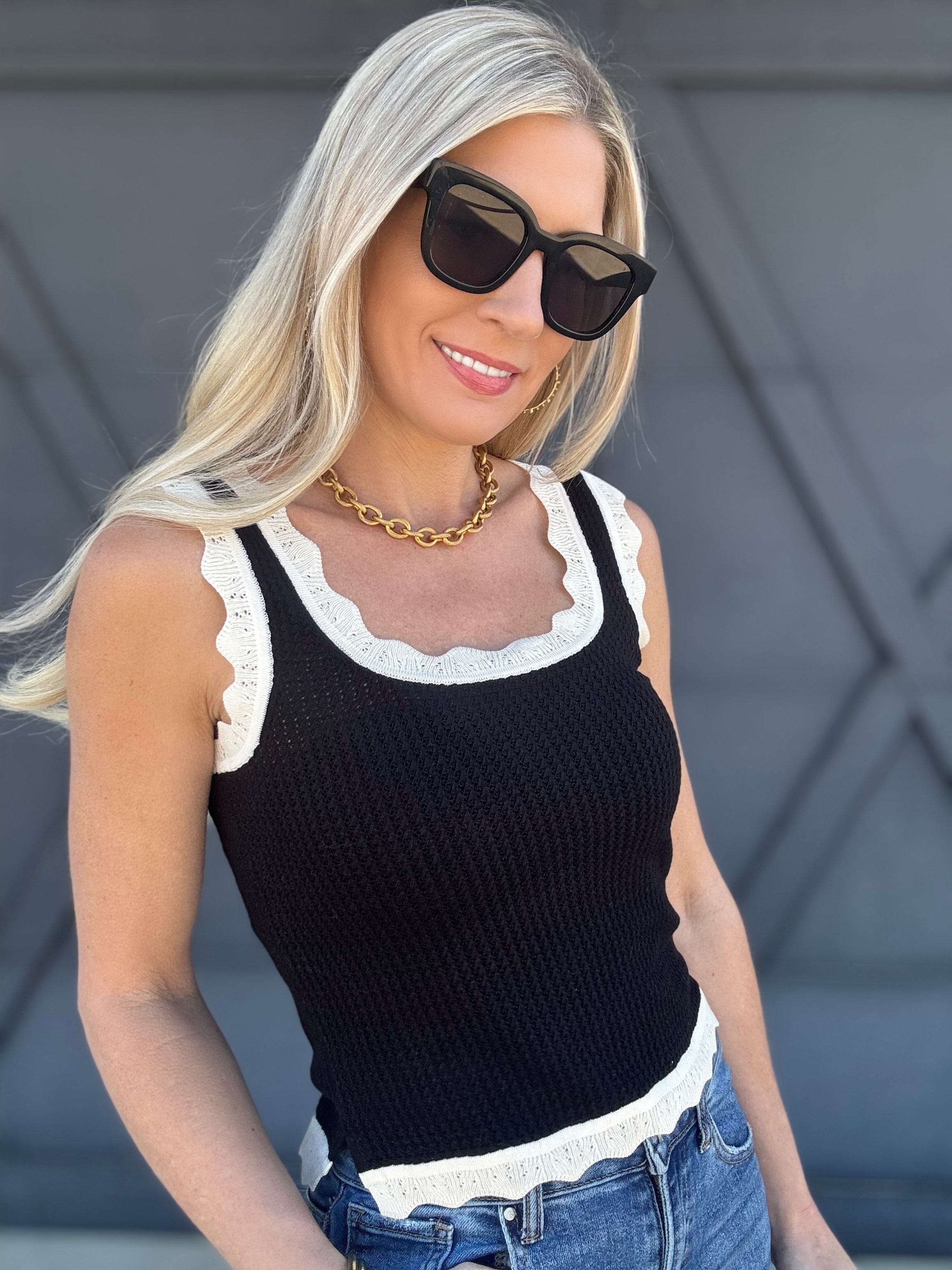 Scalloped Tank Top In Black - Infinity Raine