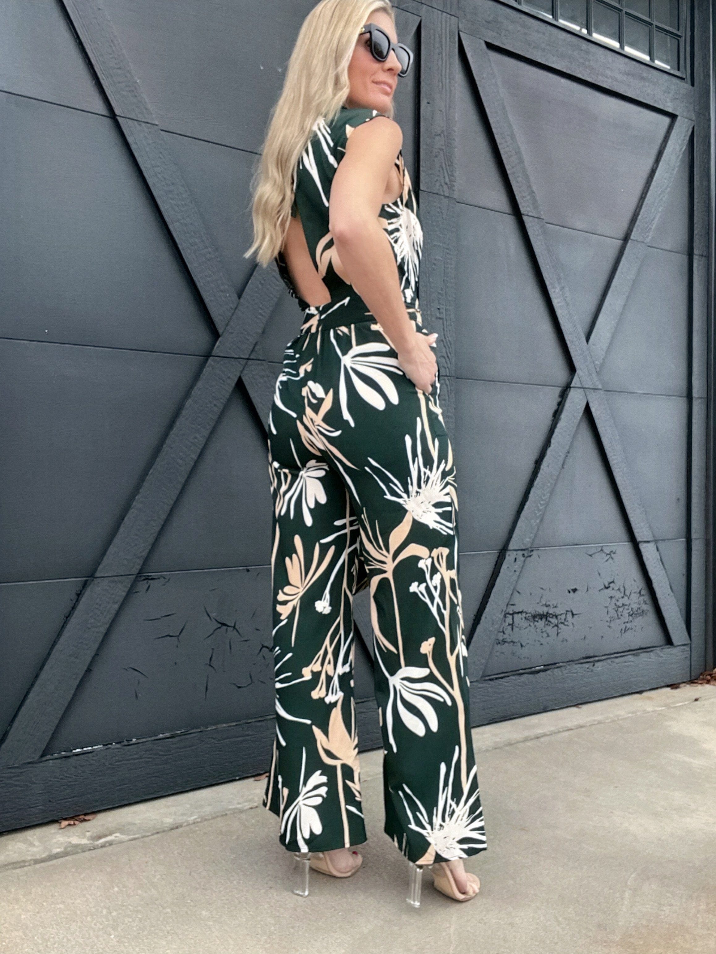 Printed Open Back Jumpsuit-Green - Infinity Raine