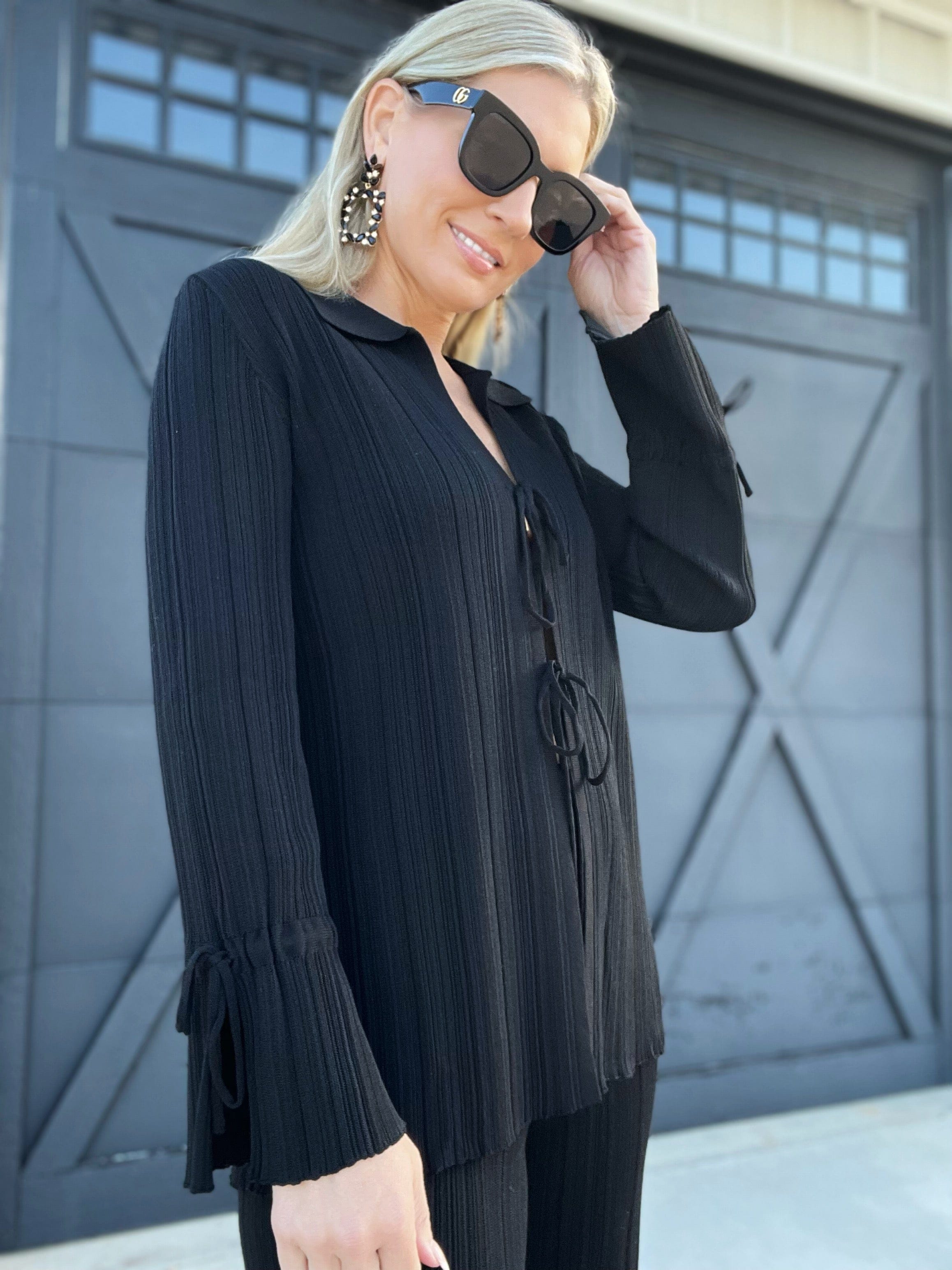 Textured Knit Front-Tie Top-Black - Infinity Raine