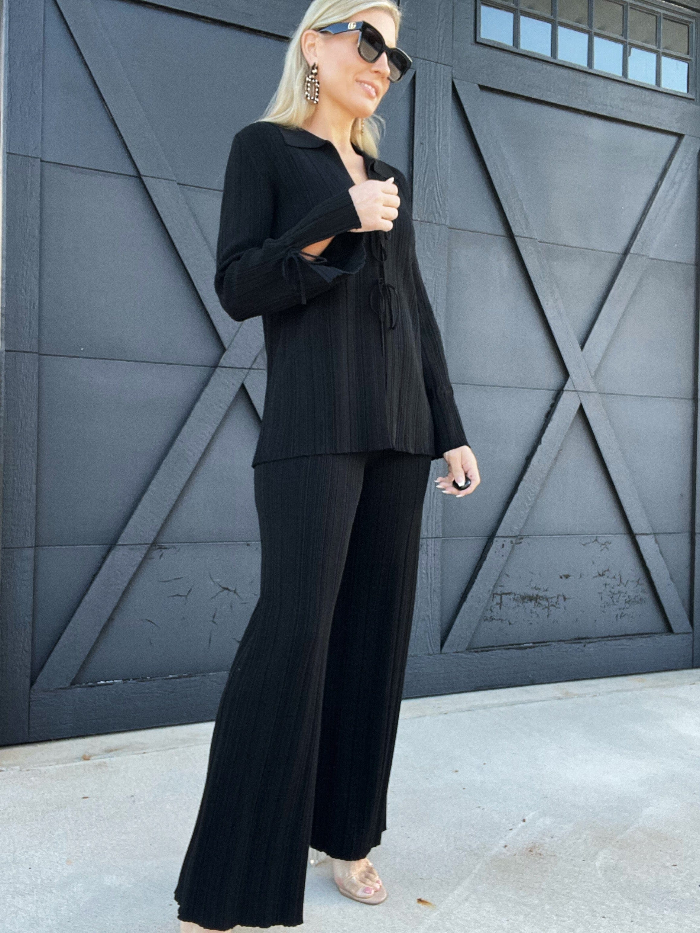 Textured Knit Front-Tie Top-Black - Infinity Raine