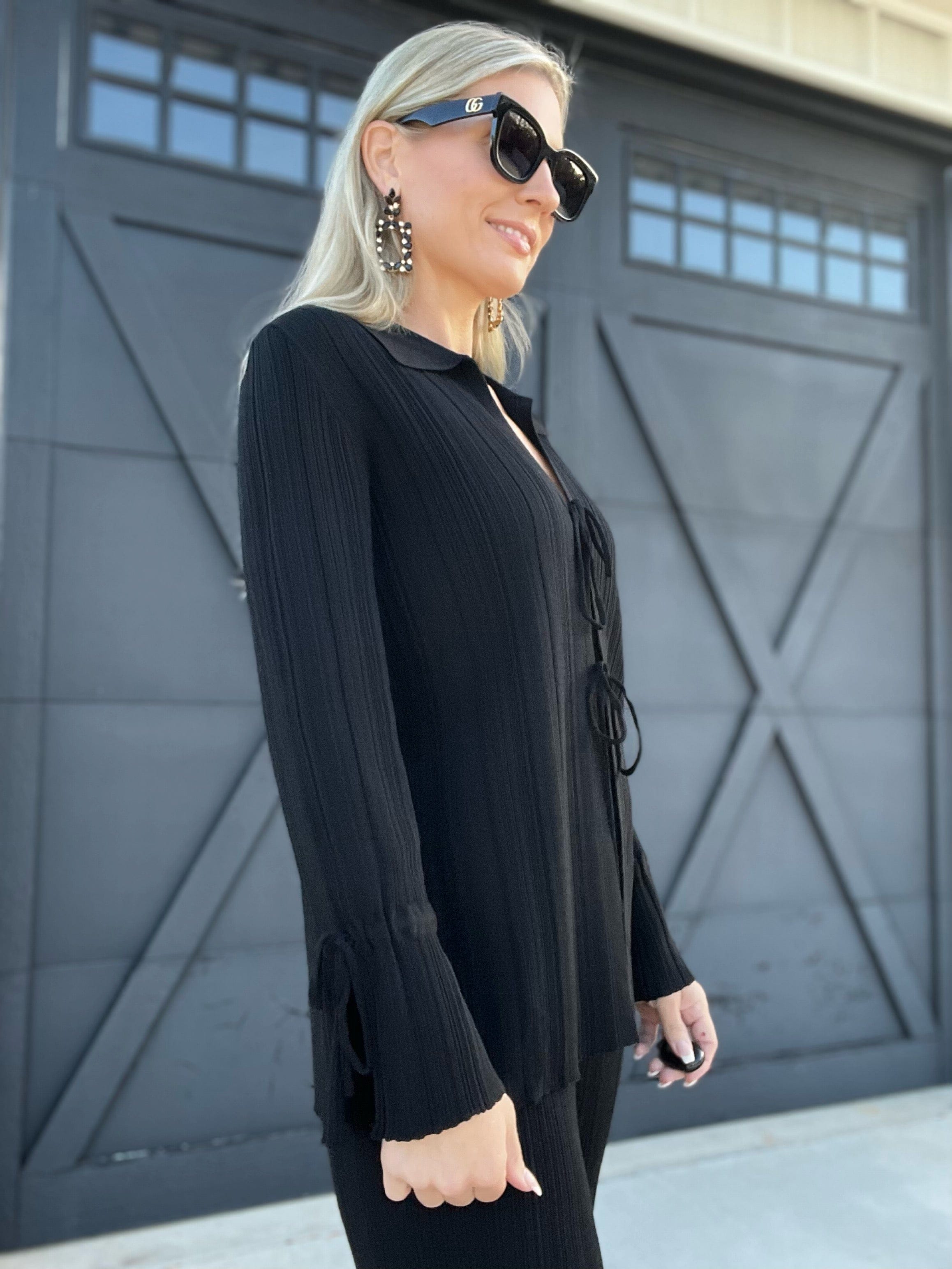 Textured Knit Front-Tie Top-Black - Infinity Raine