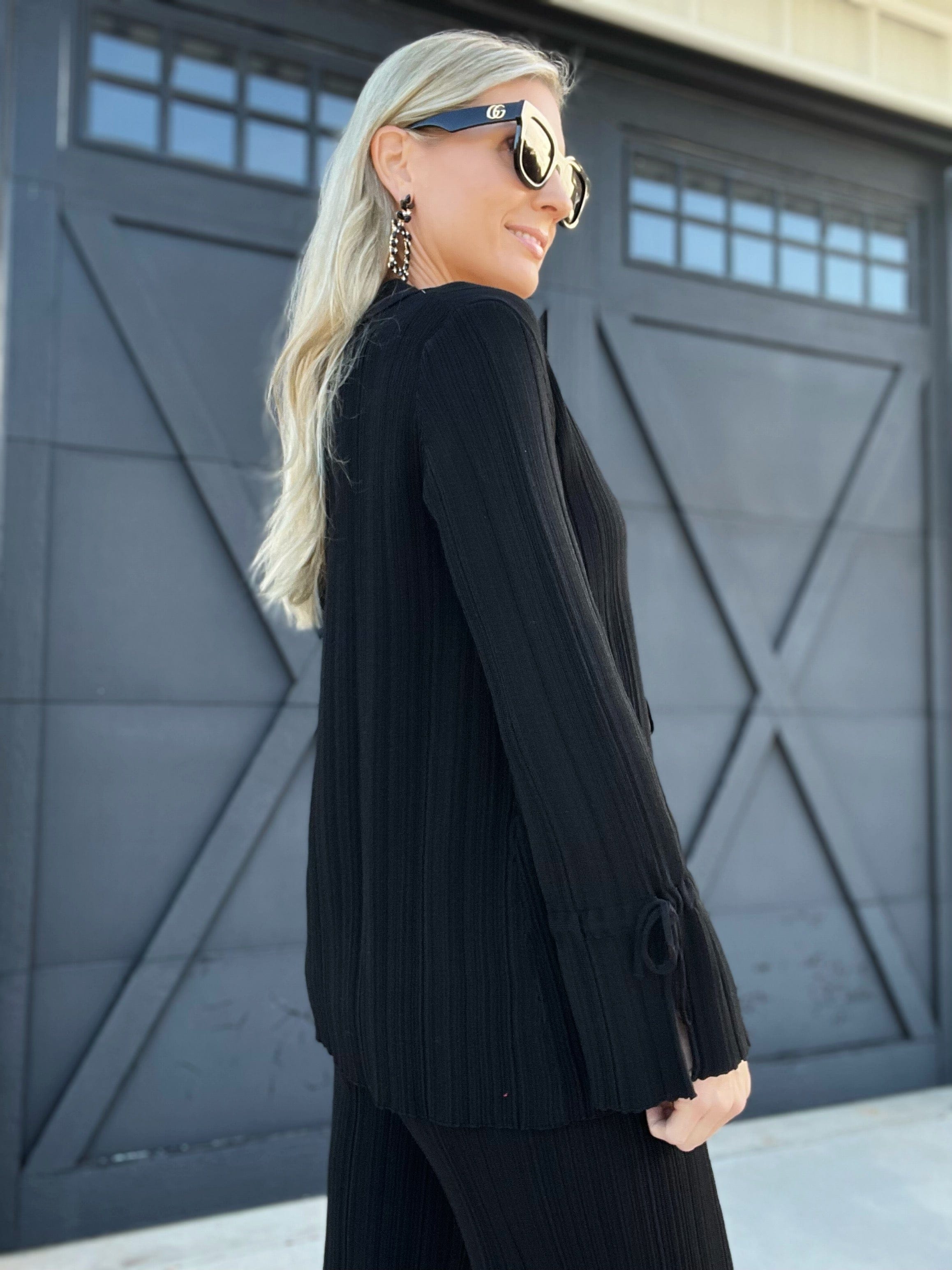 Textured Knit Front-Tie Top-Black - Infinity Raine