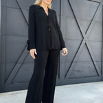 Textured Knit Front-Tie Top-Black - Infinity Raine