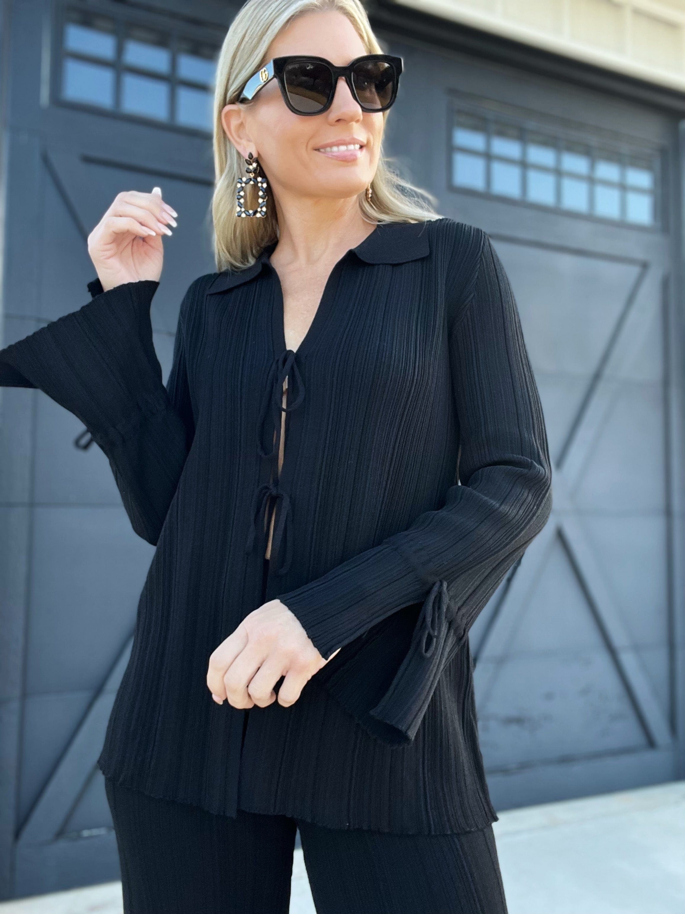 Textured Knit Front-Tie Top-Black - Infinity Raine