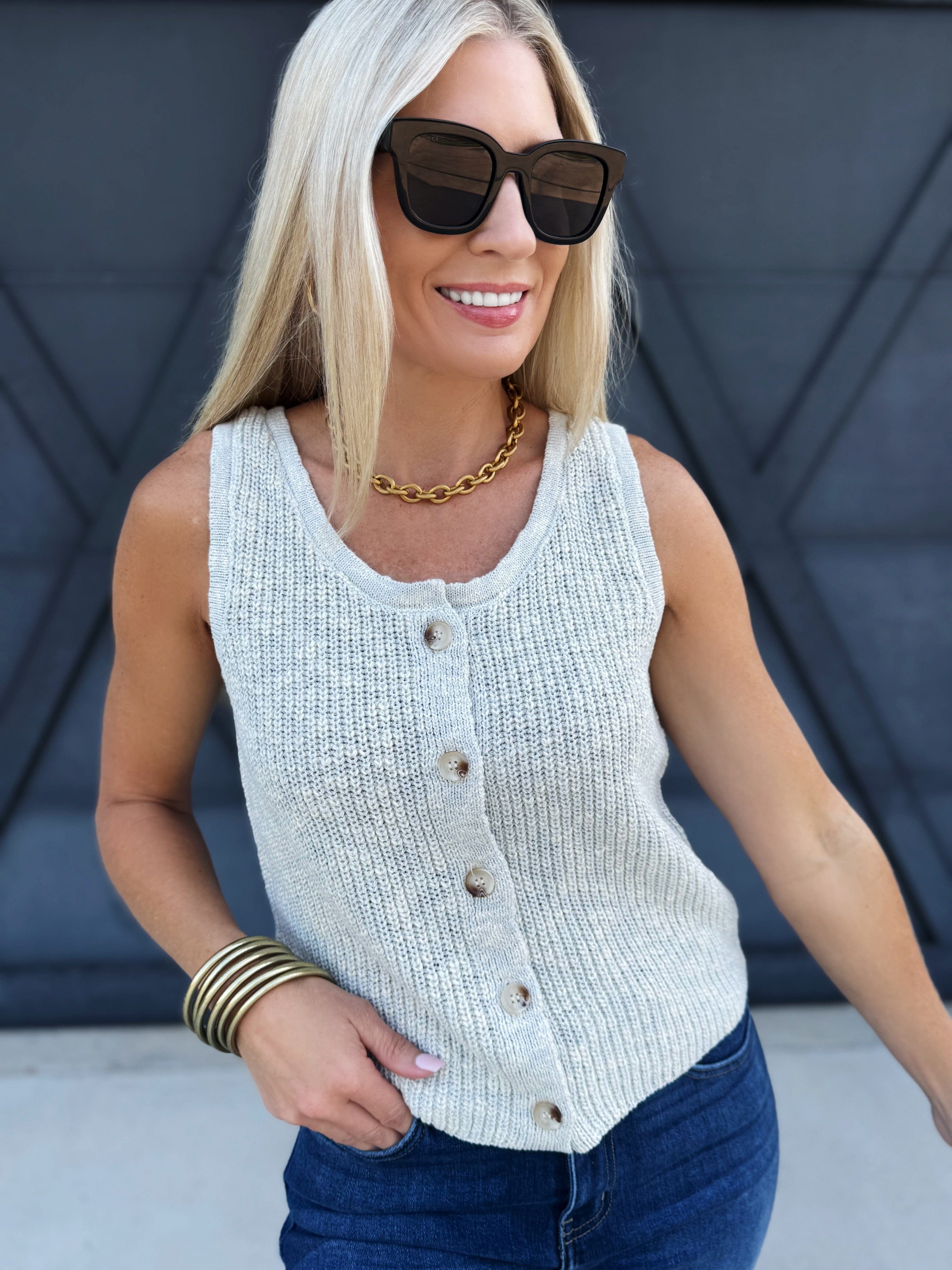 Button Down Sweater Vest Top In Ash Blue - Infinity Raine