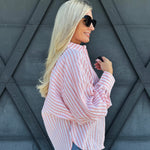 Volume Sleeve Button Down Stripe Blouse In Coral - Infinity Raine
