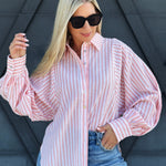 Volume Sleeve Button Down Stripe Blouse In Coral - Infinity Raine