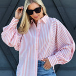 Volume Sleeve Button Down Stripe Blouse In Coral - Infinity Raine