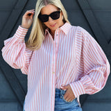 Volume Sleeve Button Down Stripe Blouse In Coral - Infinity Raine