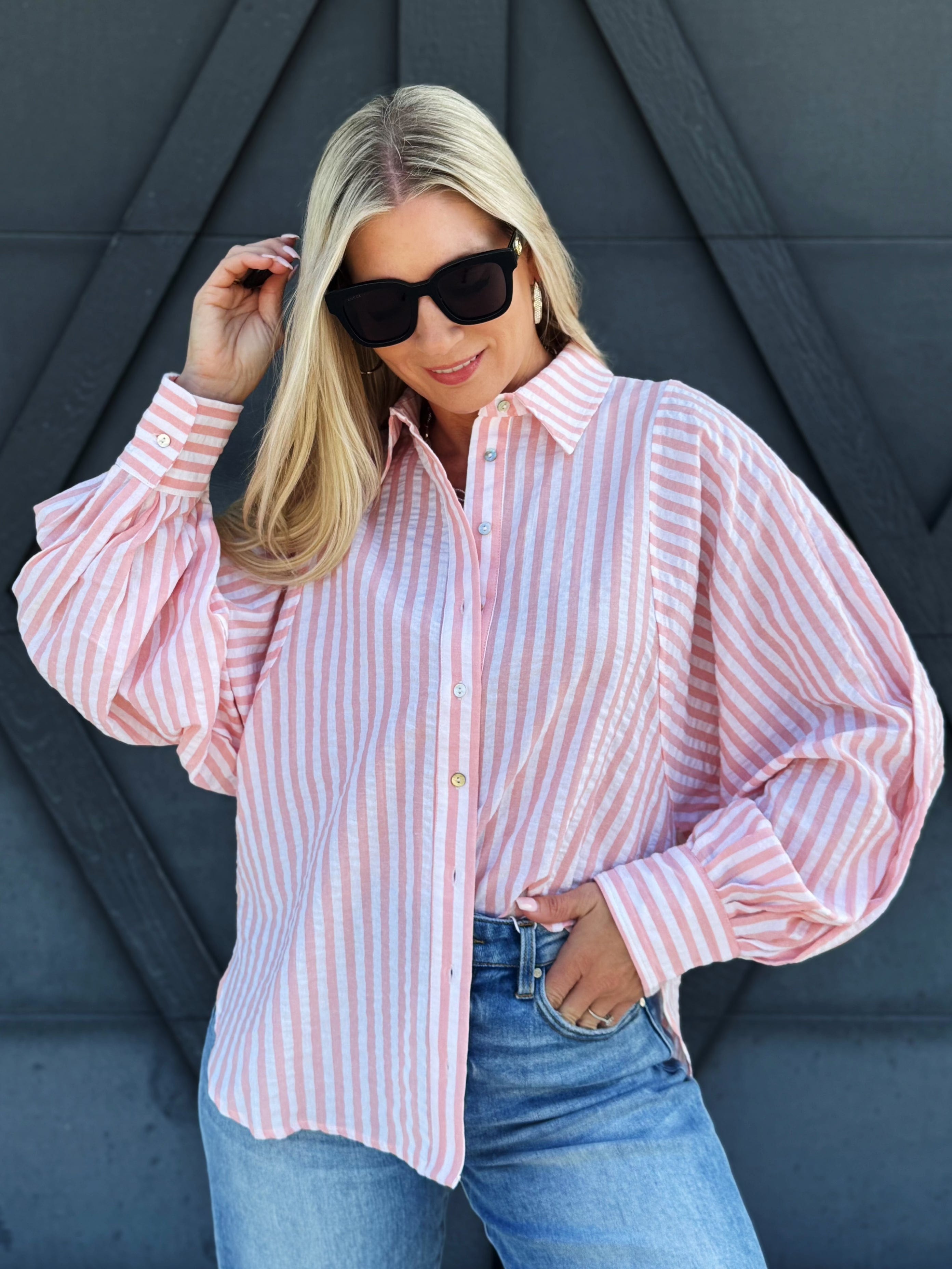 Volume Sleeve Button Down Stripe Blouse In Coral - Infinity Raine