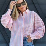 Volume Sleeve Button Down Stripe Blouse In Coral - Infinity Raine