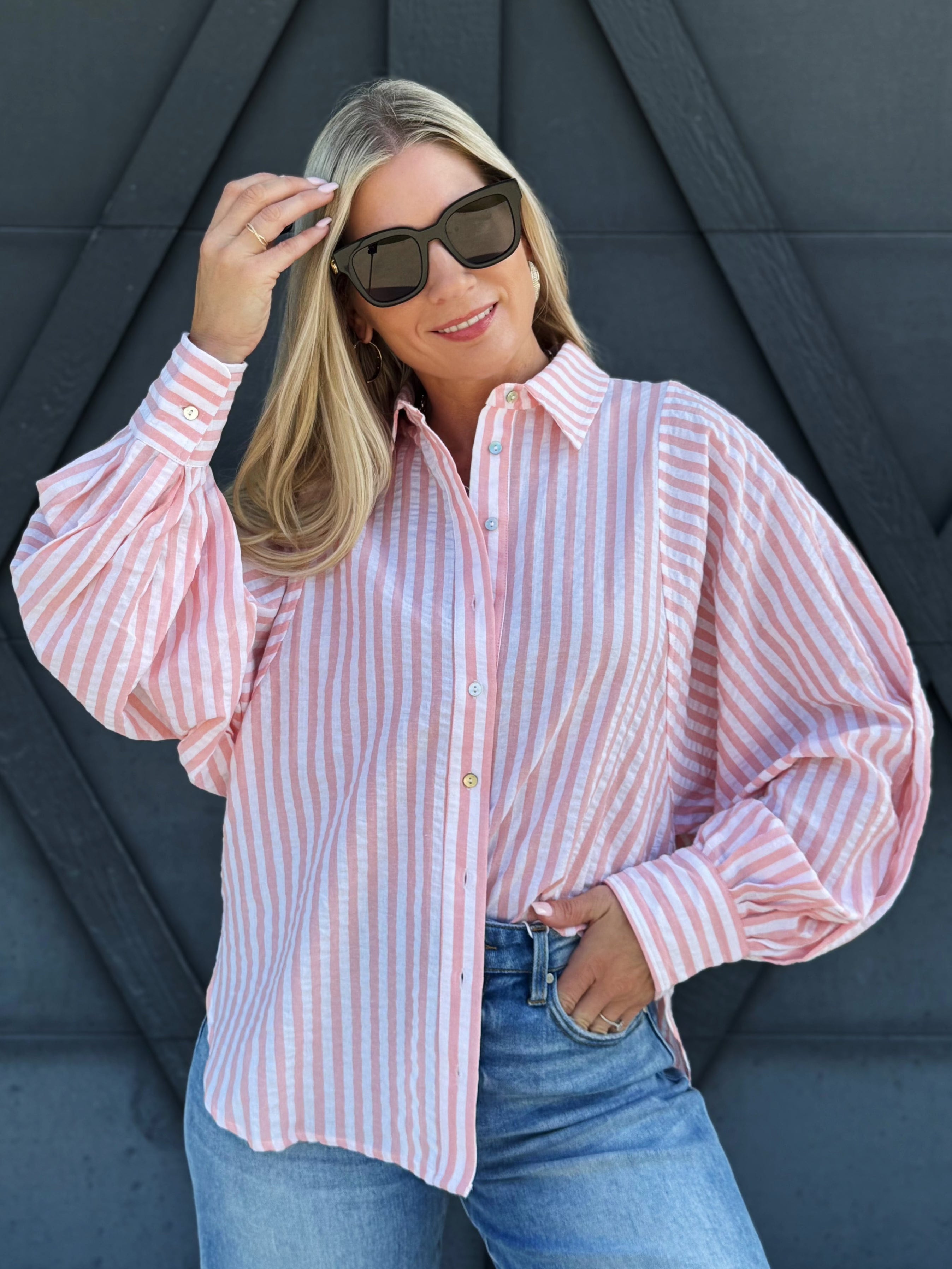 Volume Sleeve Button Down Stripe Blouse In Coral - Infinity Raine