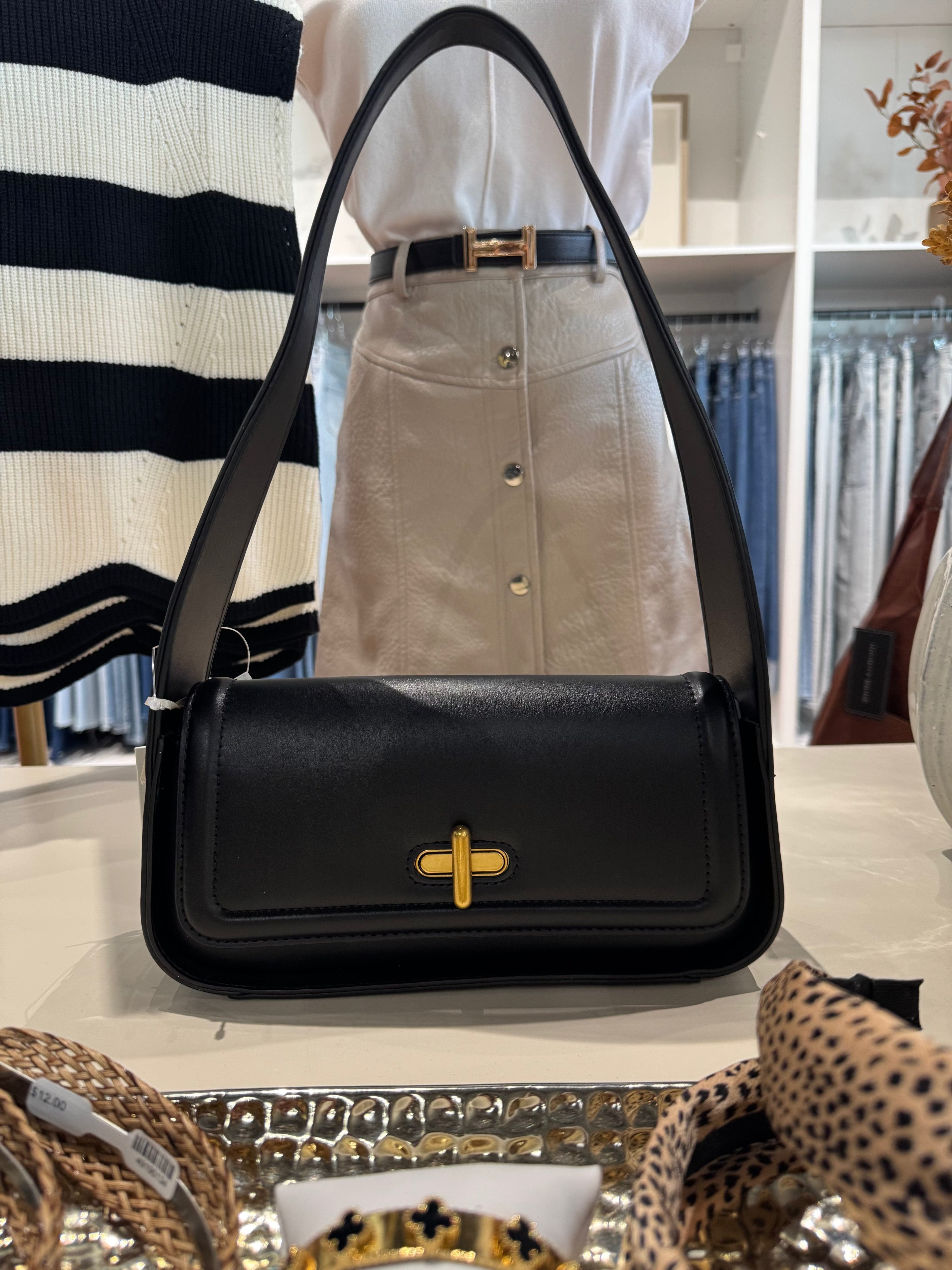 Shoulder Bag with Gold Bar Detail In Black - Infinity Raine