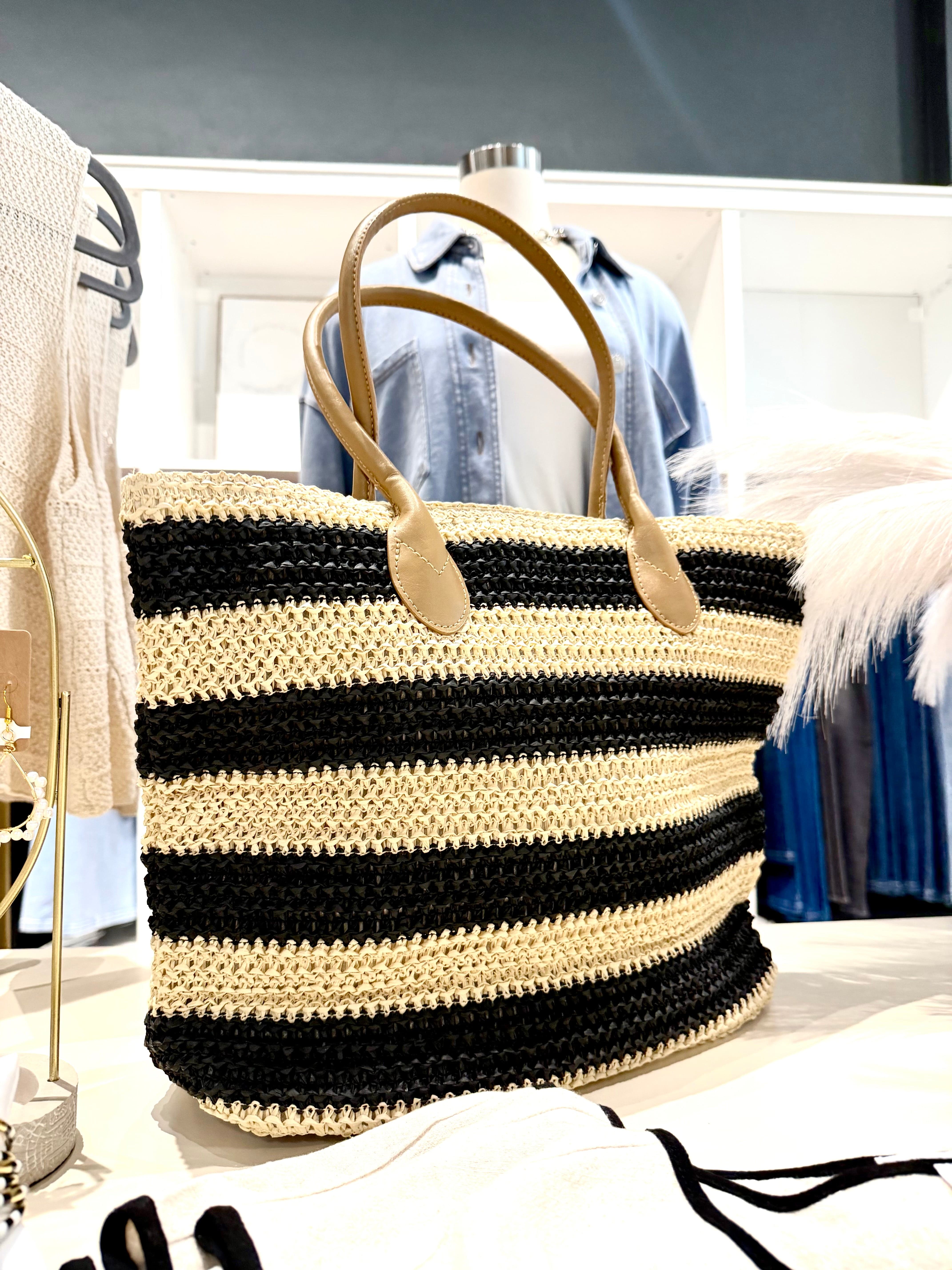 Infinity Raine Bags - Purses & Handbags Striped Straw Woven Shoulder Tote In Black 04602870