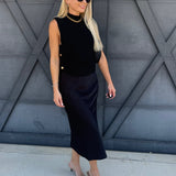 Satin Midi Skirt In Black - Infinity Raine