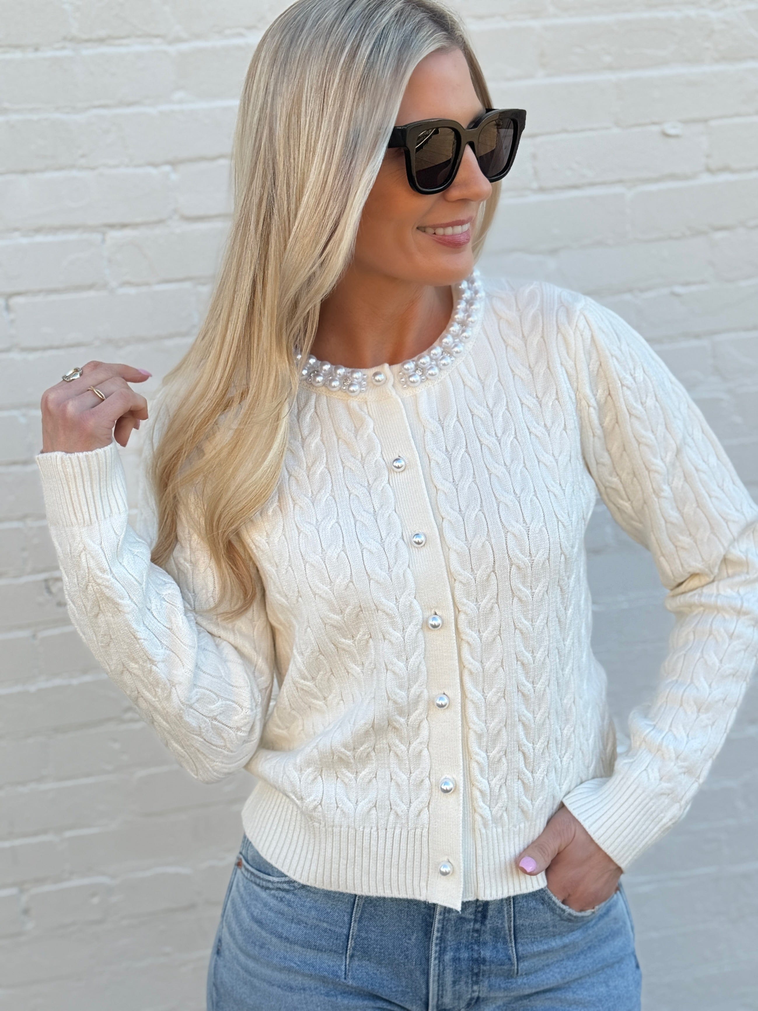 Infinity Raine Tops - Sweaters Pearl Button Detail Cable Knit Cardigan-Off White