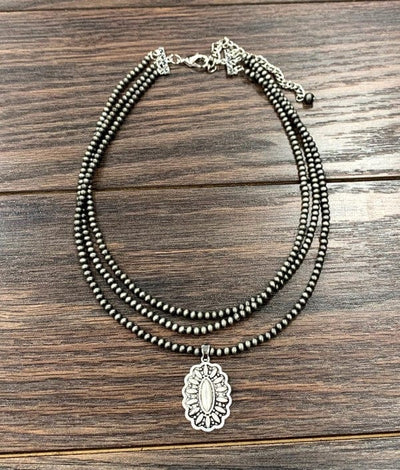 Concho Pendant And Navajo Pearl Triple Layer Necklace - Infinity Raine