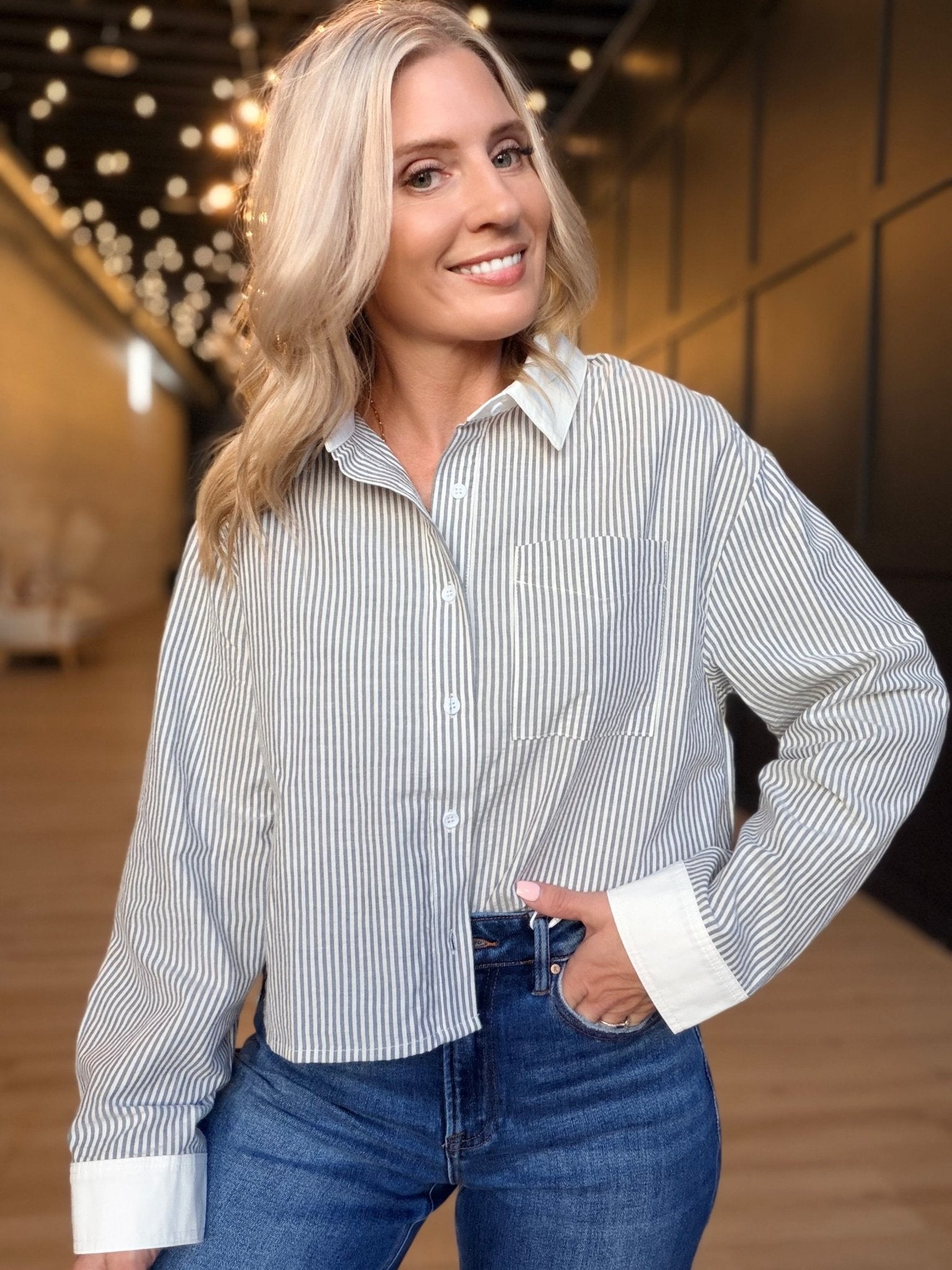 Ivory Hall Stripe Contrast Collar Shirt in Navy White - Infinity Raine