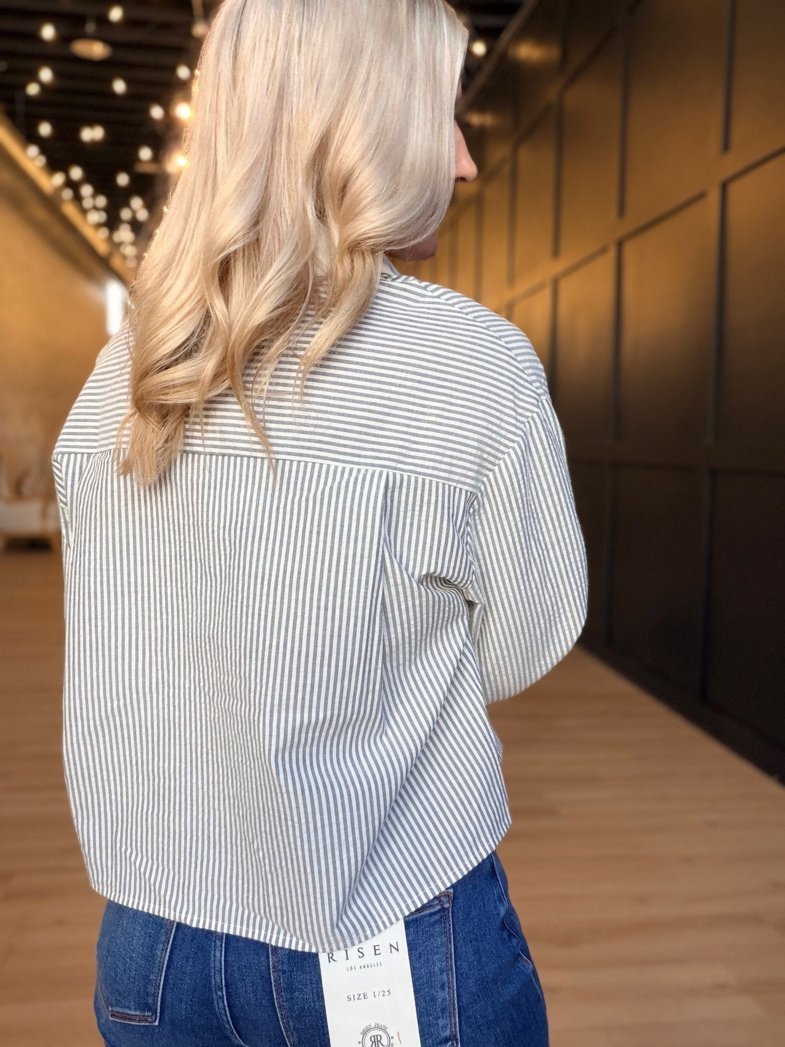 Ivory Hall Stripe Contrast Collar Shirt in Navy White - Infinity Raine