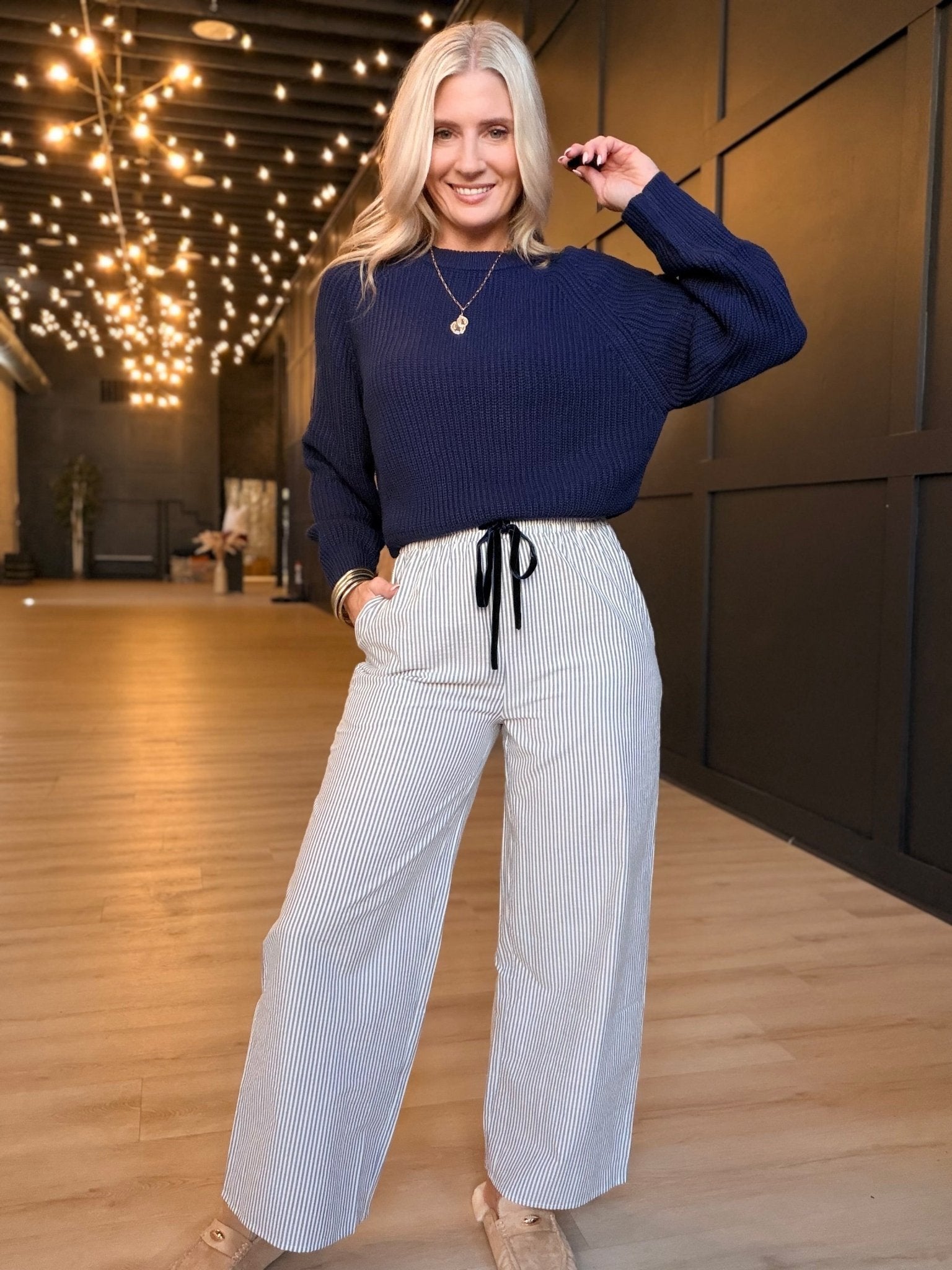 Ivory Hall Stripe Pants In Navy White - Infinity Raine