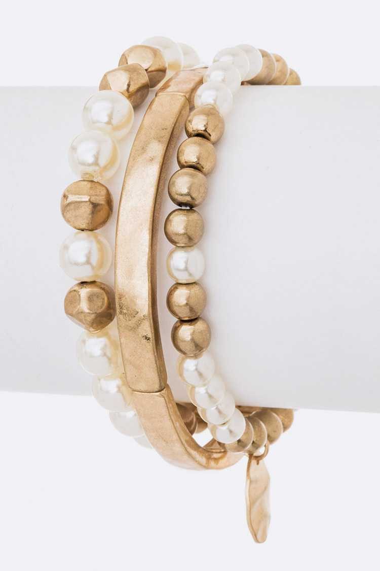 Jewelry Plaza Jewelry - Bracelets Mix Media Stretch Bracelet Set In Worn Gold